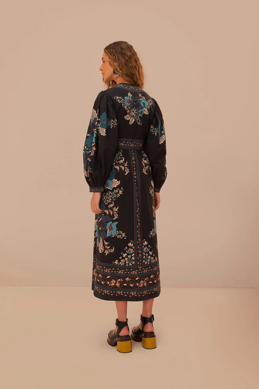 skin friendly Blossom Tapestry Black Midi Dress