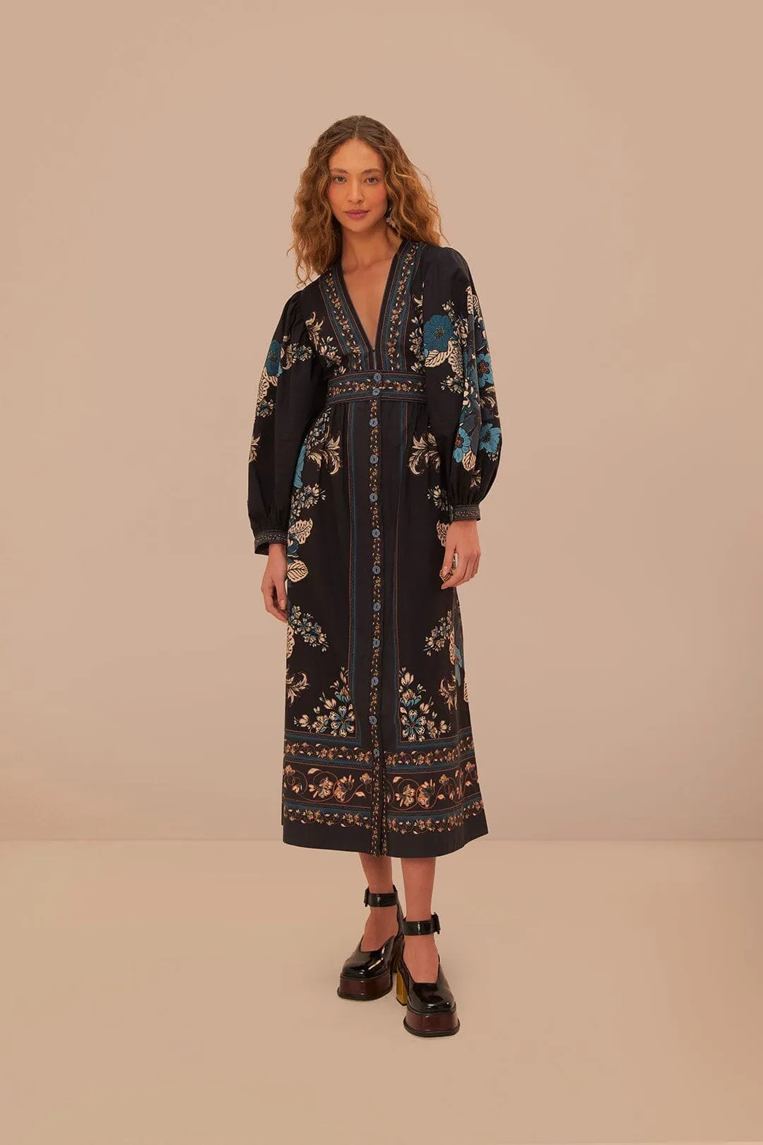 Edgy Youth Vibrant summer dress Blossom Tapestry Black Midi Dress