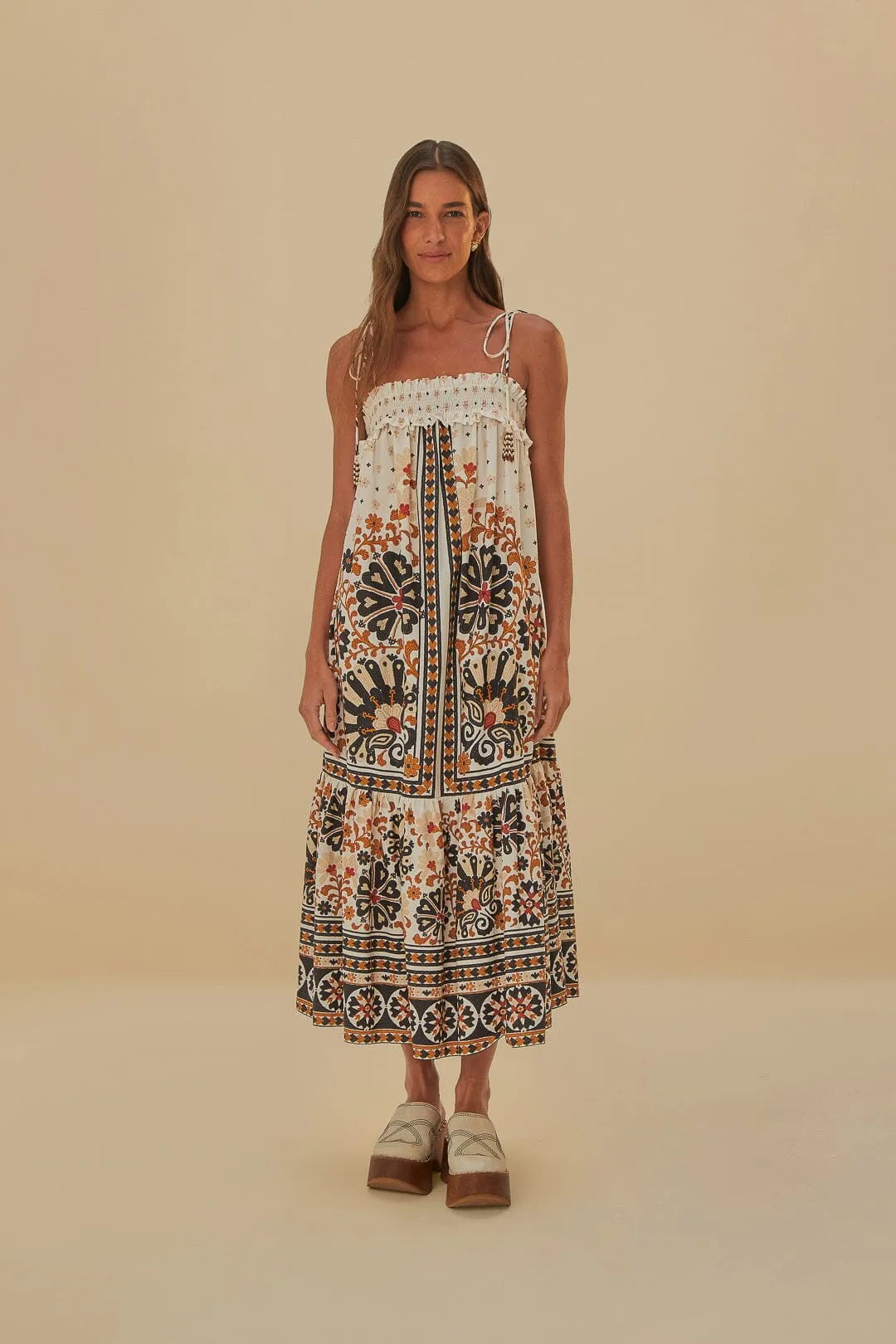 Flower Fan Tapestry Off-White Midi Dress Flattering Cut Dress for warm weather