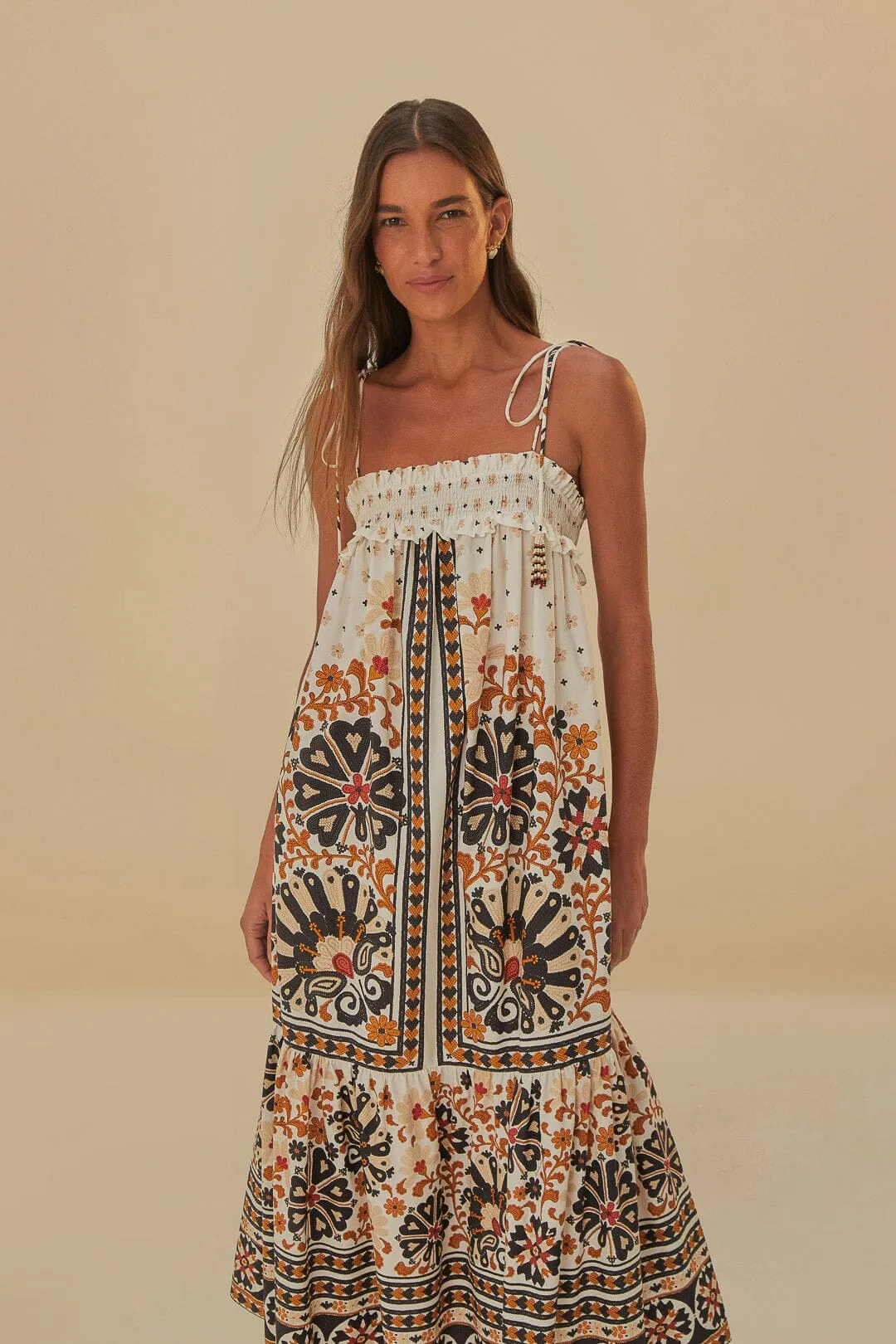 Young Professional Flower Fan Tapestry Off-White Midi Dress