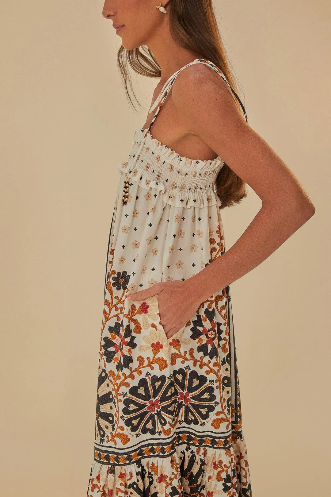 Gem Shine Flower Fan Tapestry Off-White Midi Dress
