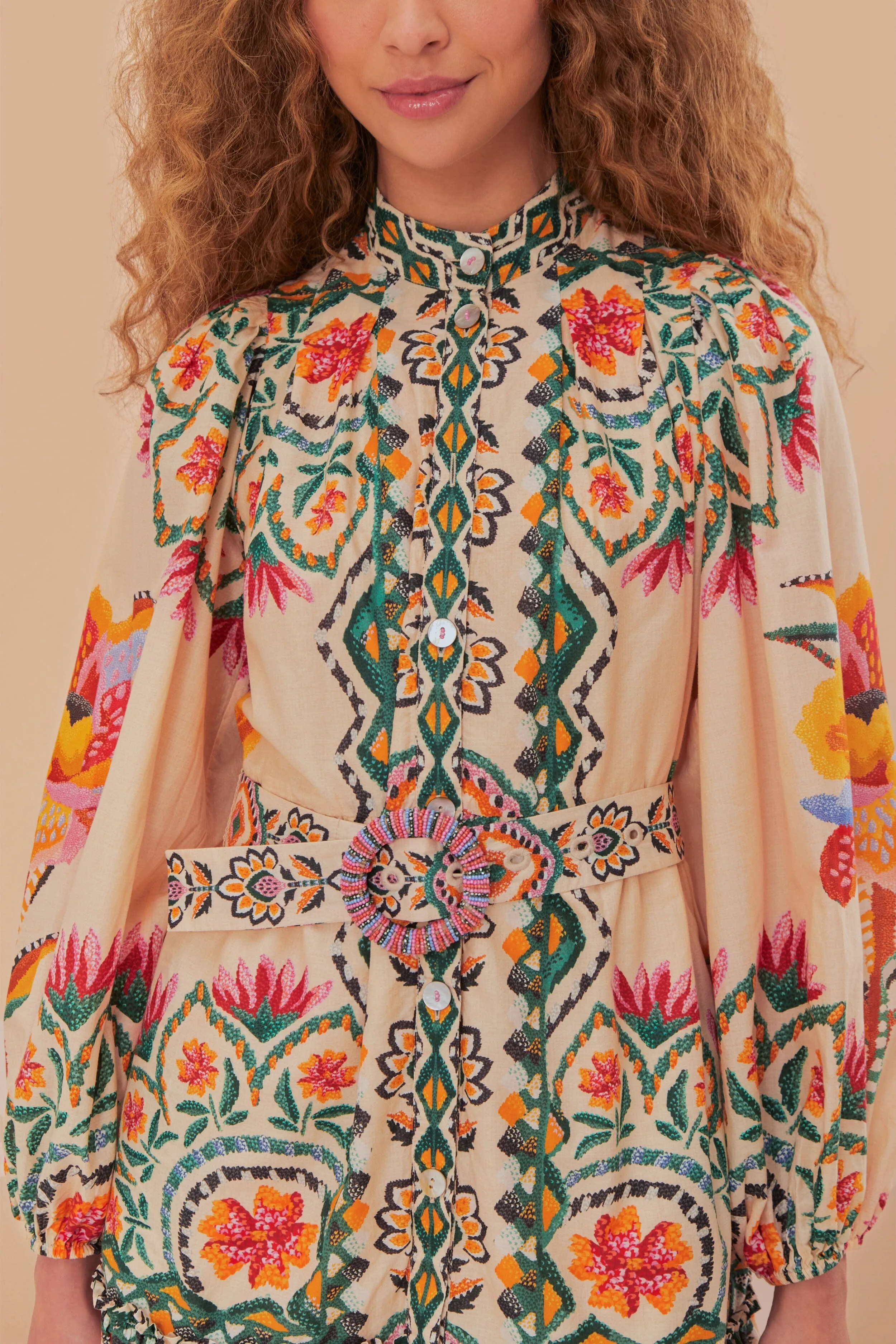 Foldable Design Sleek Fashion Cream Lucy Floral Tapestry Long Sleeve Mini Dress
