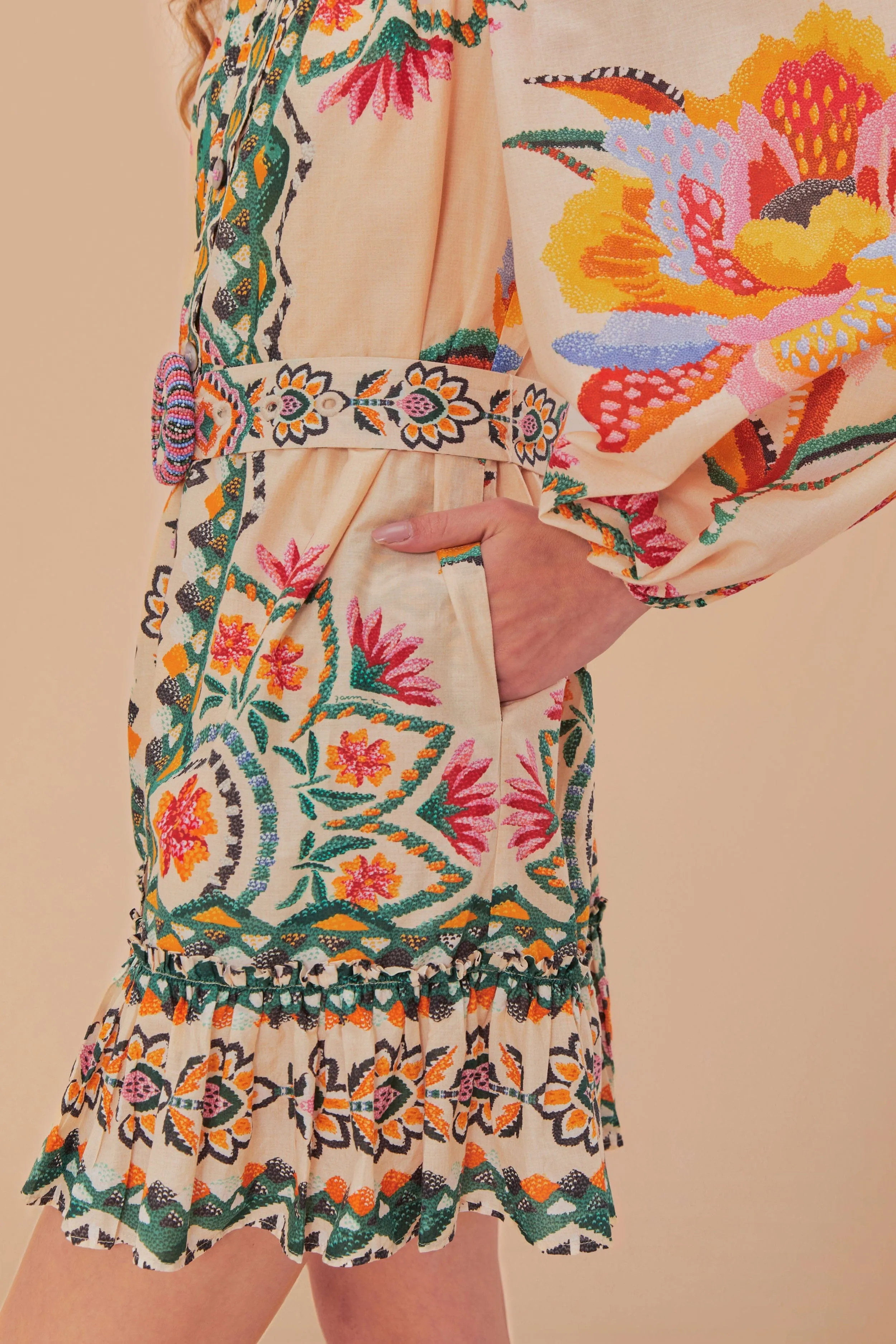 Knit Blend Fabric Cream Lucy Floral Tapestry Long Sleeve Mini Dress