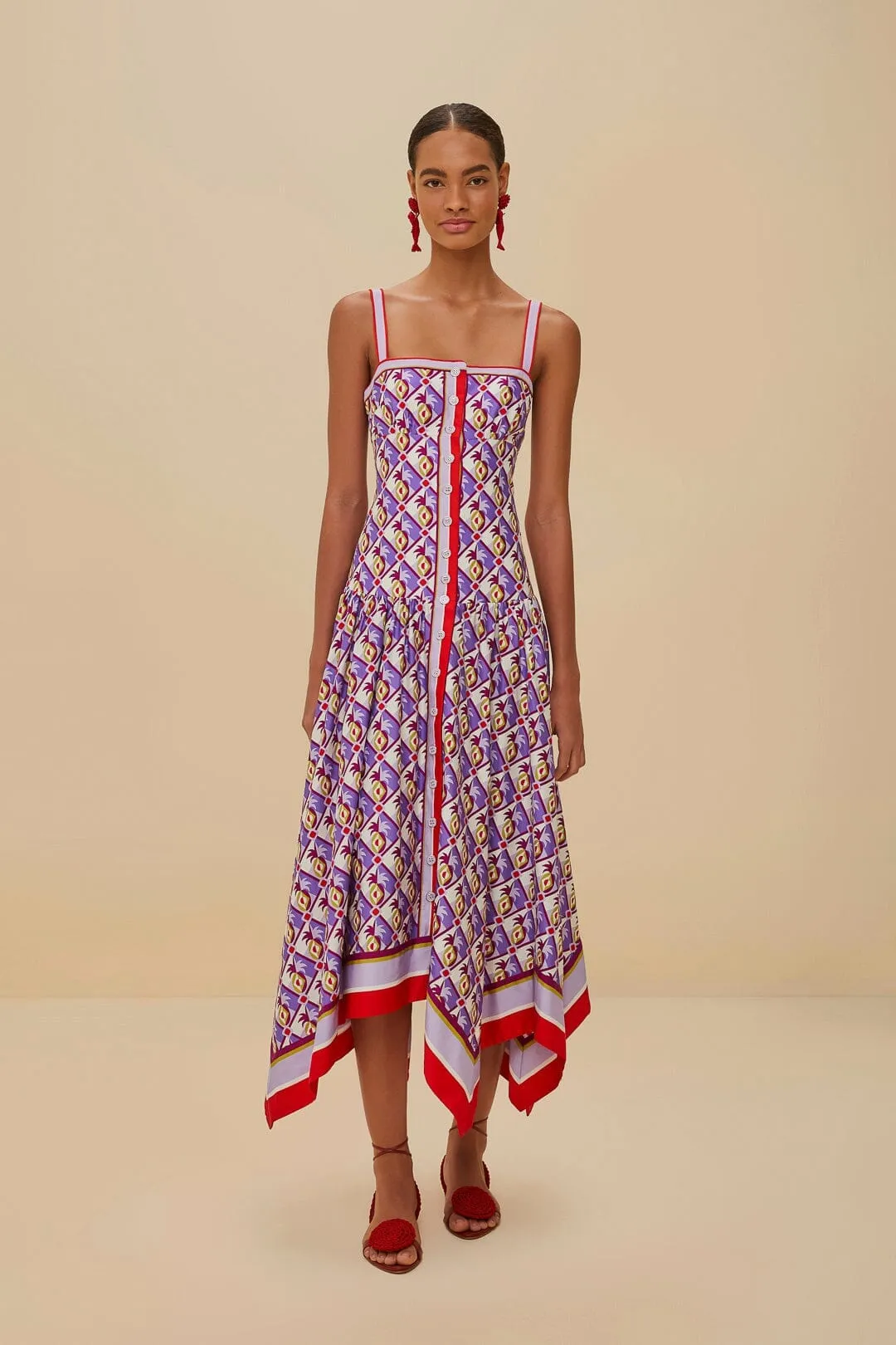 Multicolor Graphic Pineapple Scarf Organic Cotton Midi Dress Gallery Tour