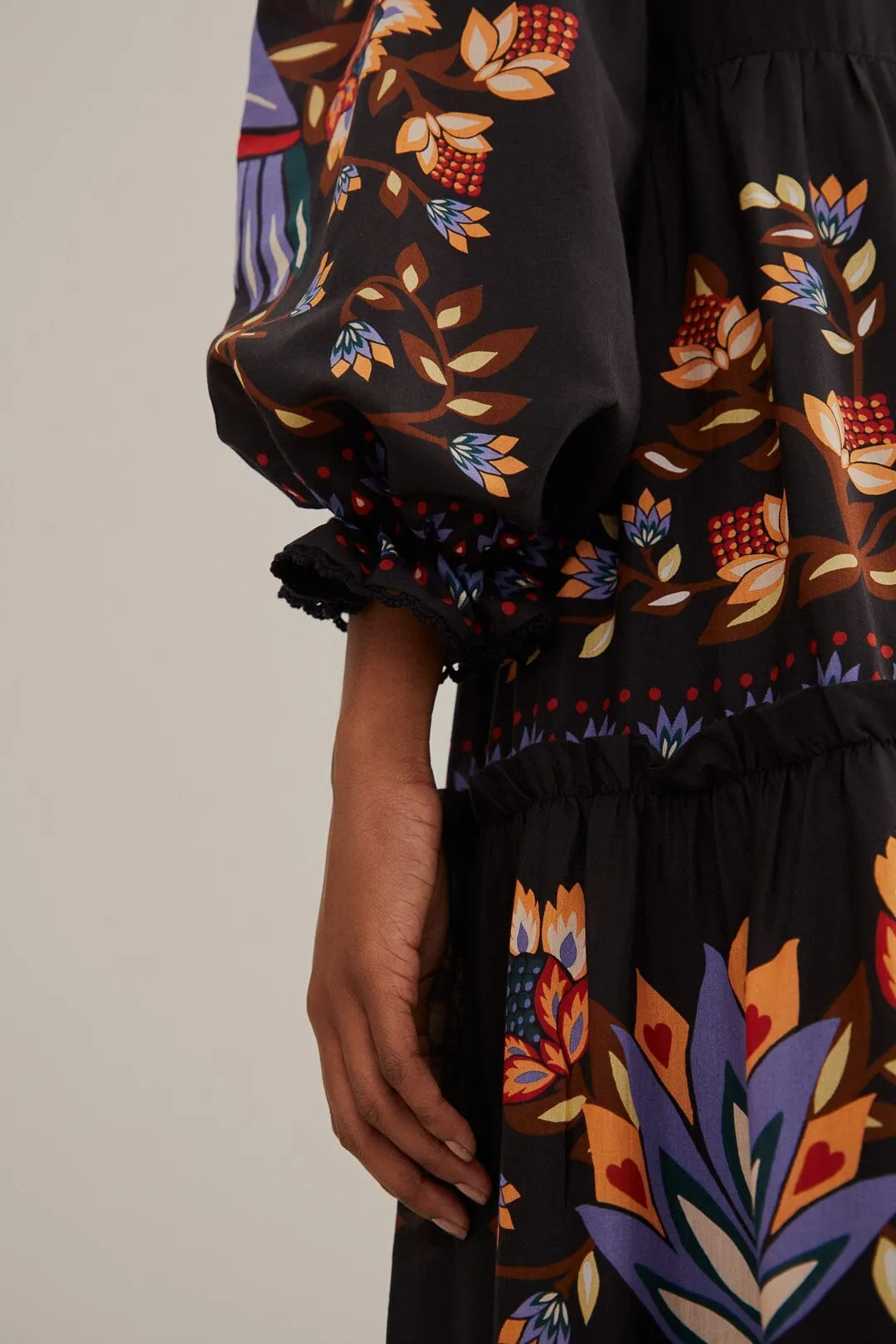 delicate embroidery Lantern Glow Black Winter Garden Long Sleeve Maxi Dress