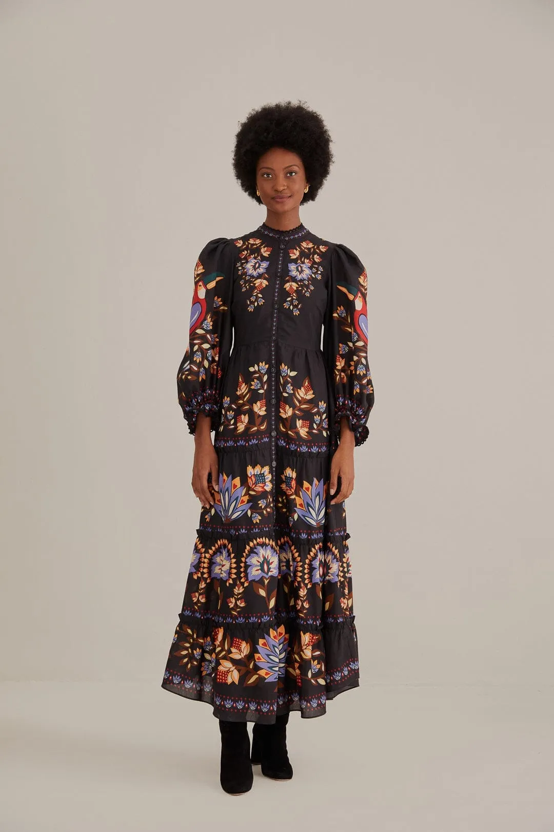 Silk Drape Tree Arch Black Winter Garden Long Sleeve Maxi Dress