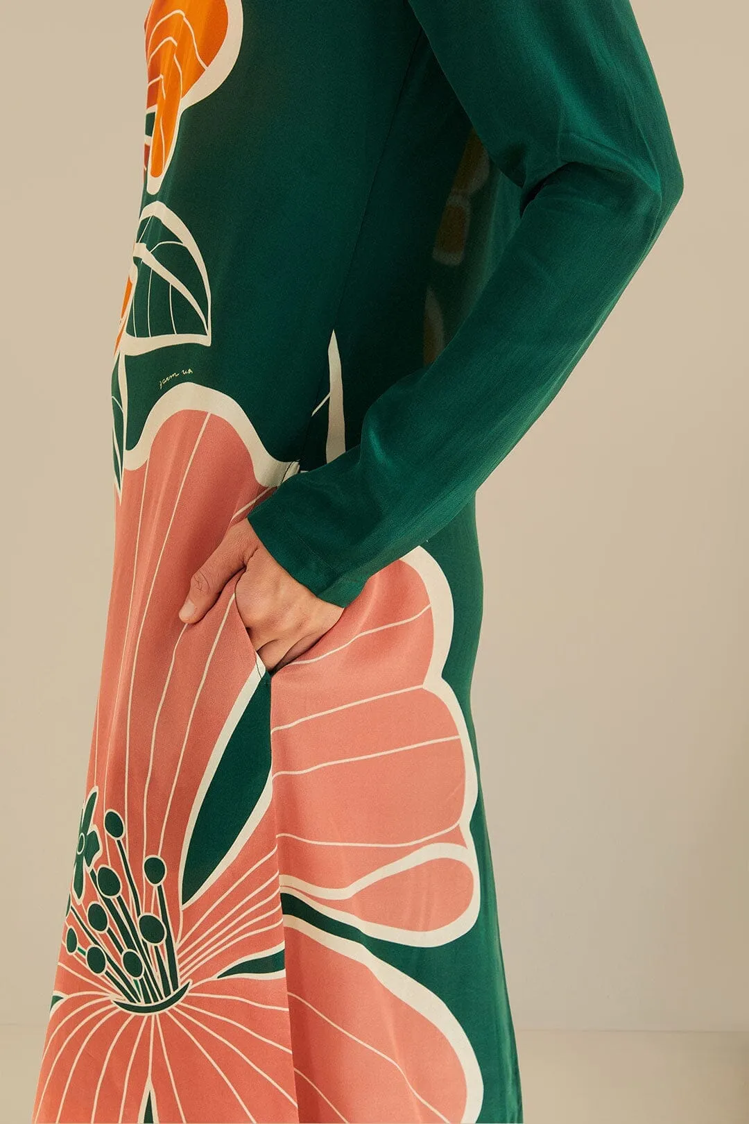 Green Honolulu Flowers Long Sleeve Maxi Dress Kimono Arm
