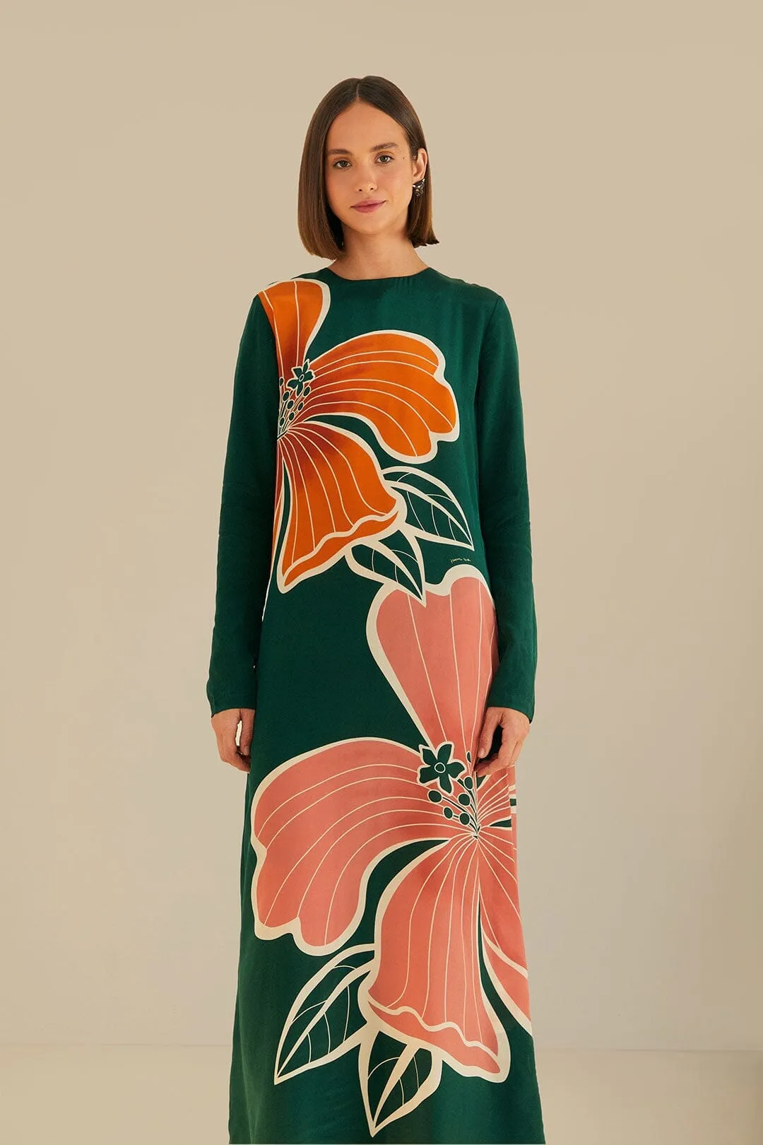 Green Honolulu Flowers Long Sleeve Maxi Dress Flowing silhouette dress