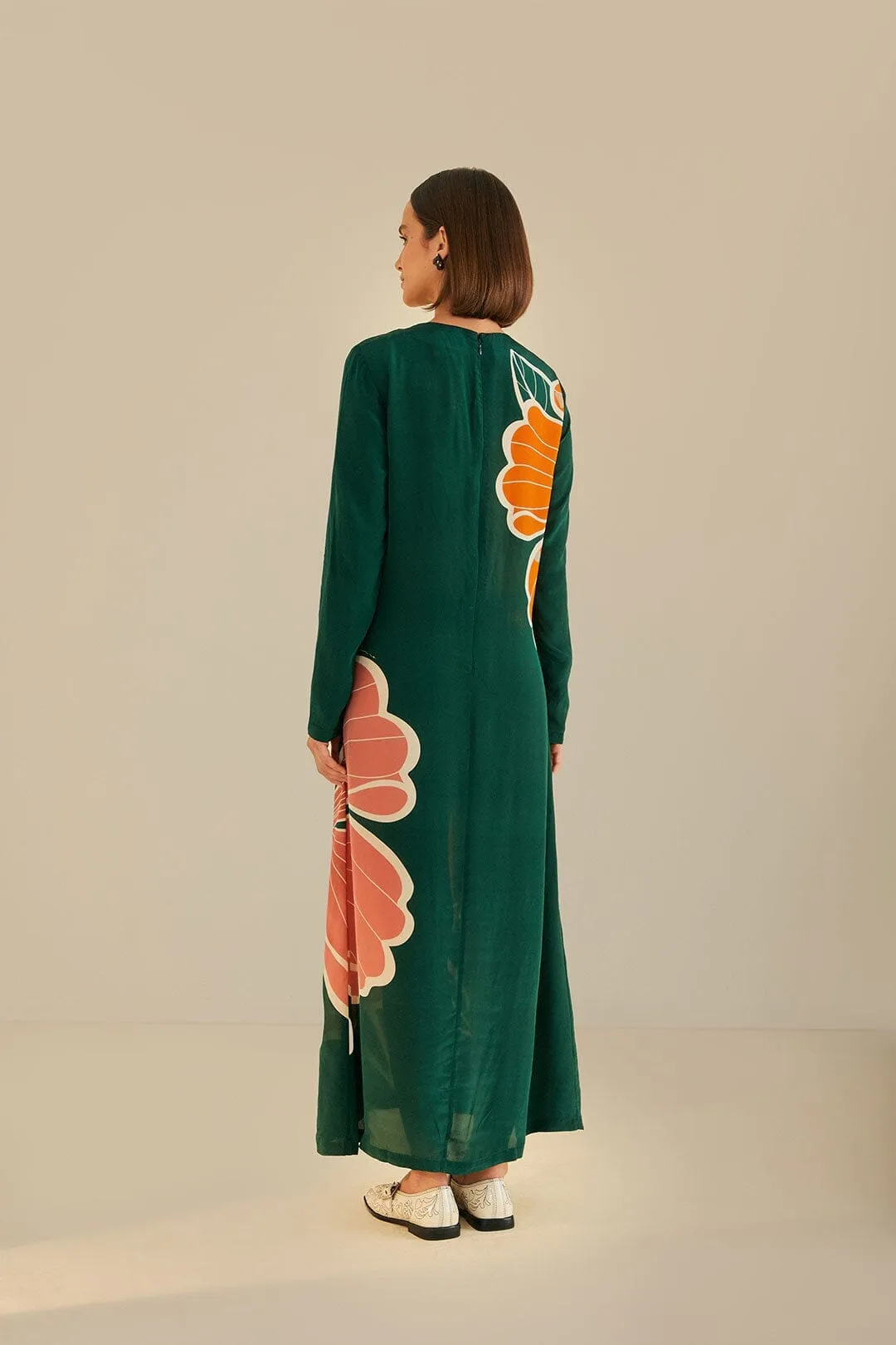 Green Honolulu Flowers Long Sleeve Maxi Dress Drift Sand