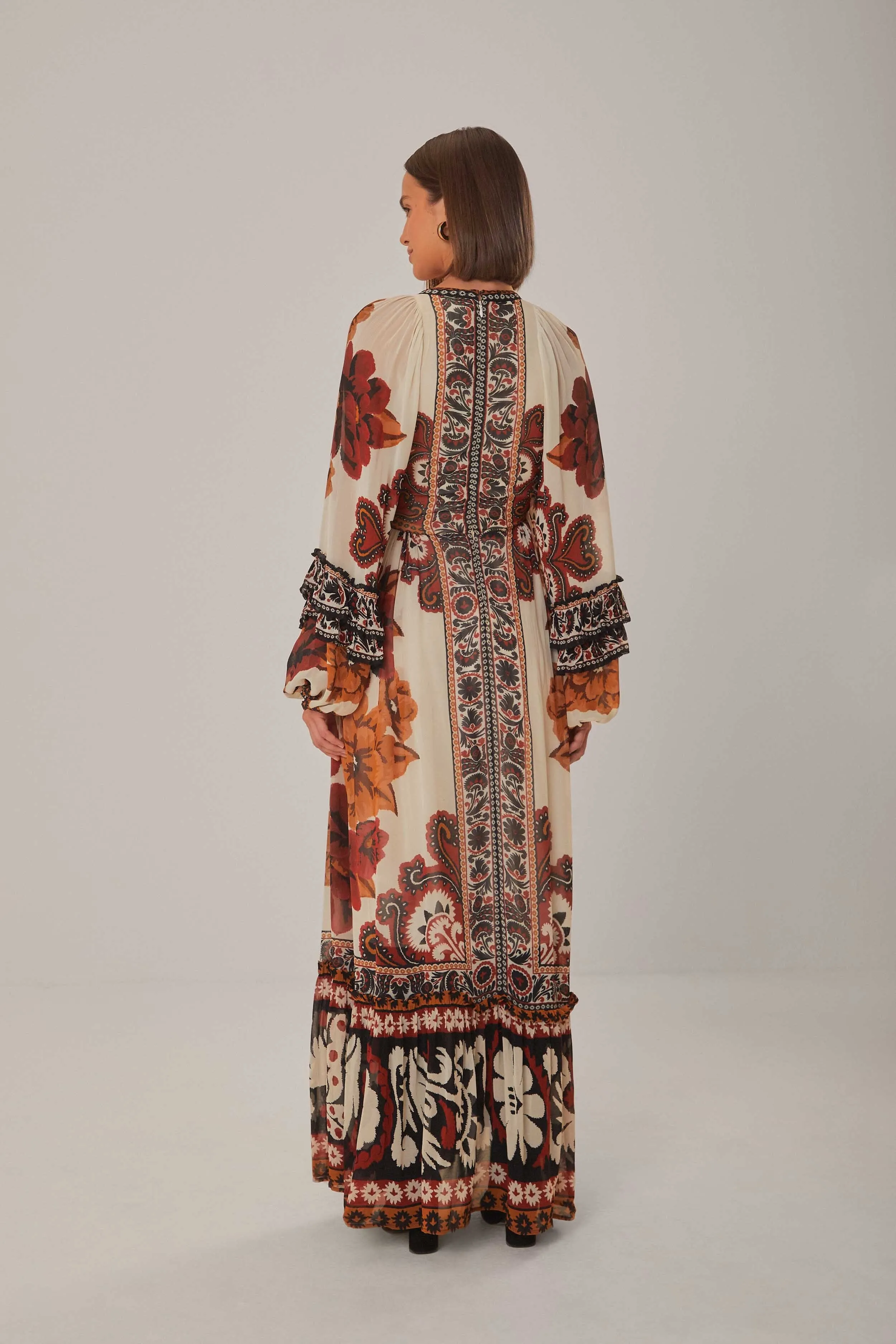Sand Winter Tapestry V Neck Maxi Dress delicate embroidery