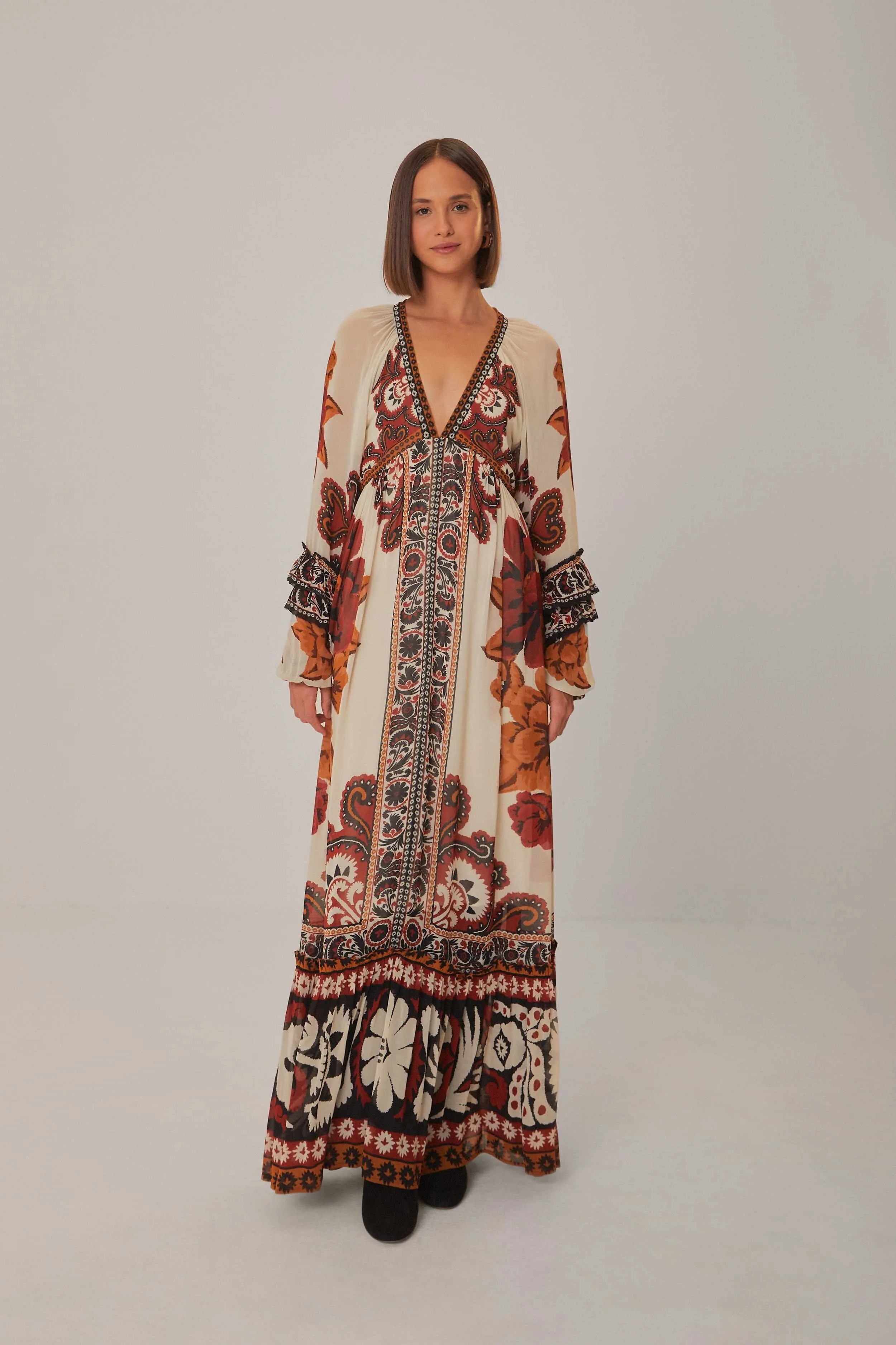 Sand Winter Tapestry V Neck Maxi Dress Moon Rise