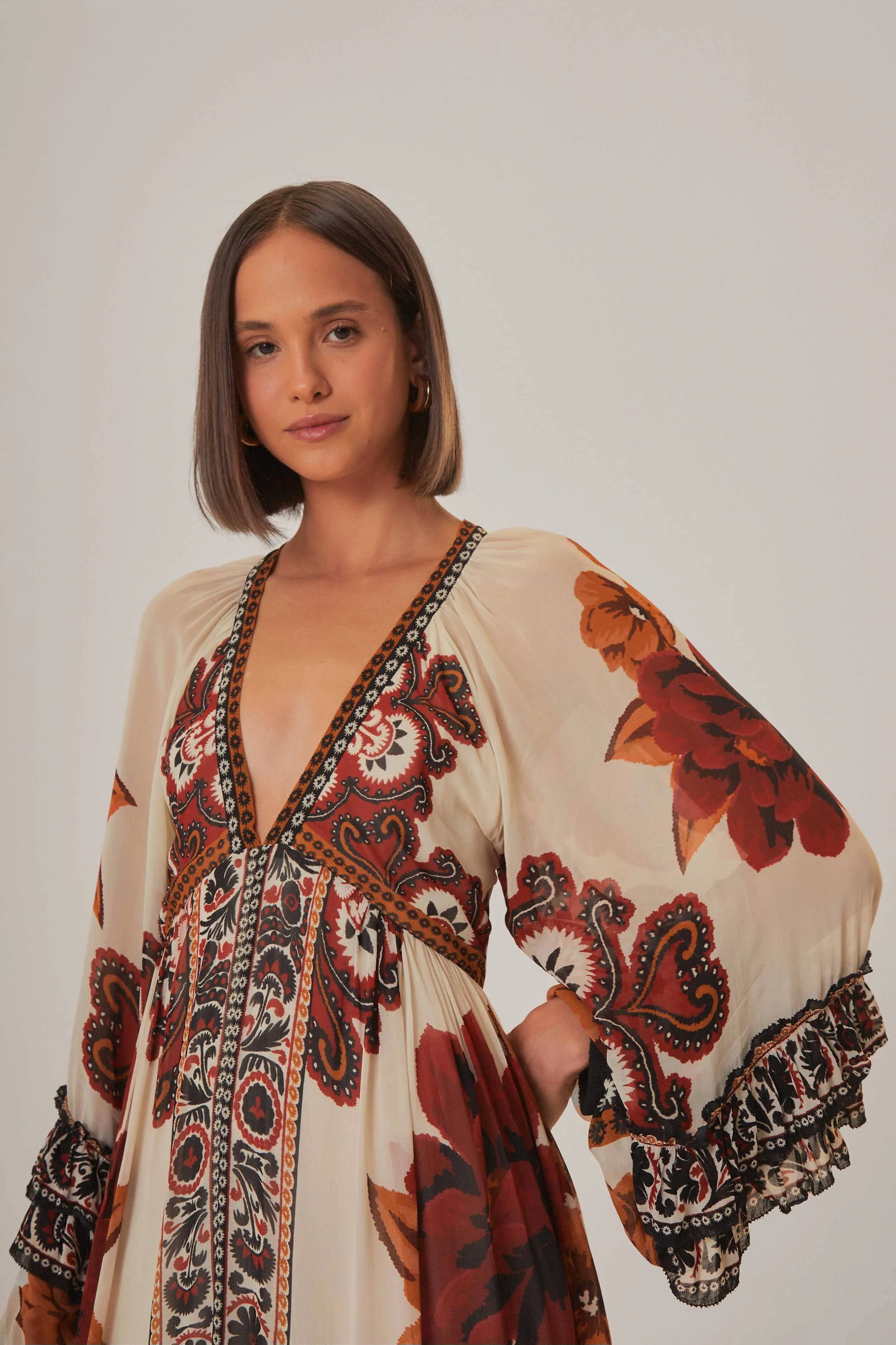 Sand Winter Tapestry V Neck Maxi Dress Maxi dress with belt