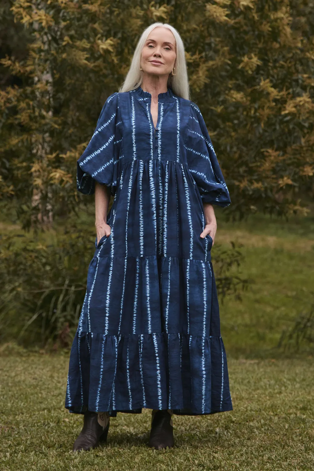 Mirabelle Frill Dress in Shibori Echo Silver Shine