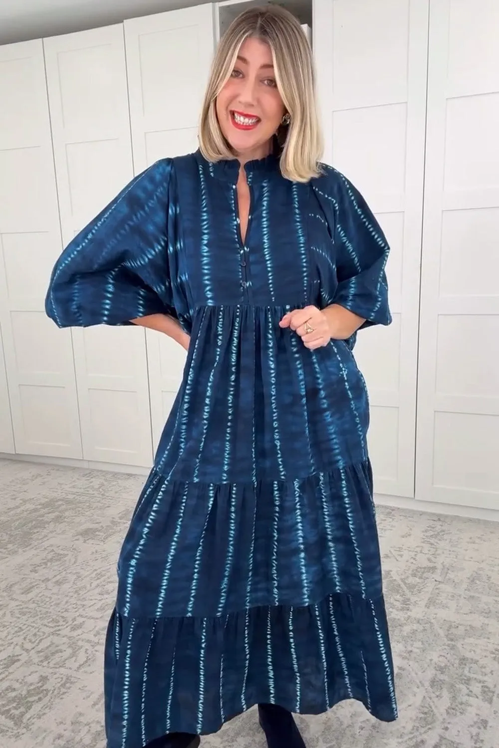 Mirabelle Frill Dress in Shibori Echo Twill Glow Ocean Breeze
