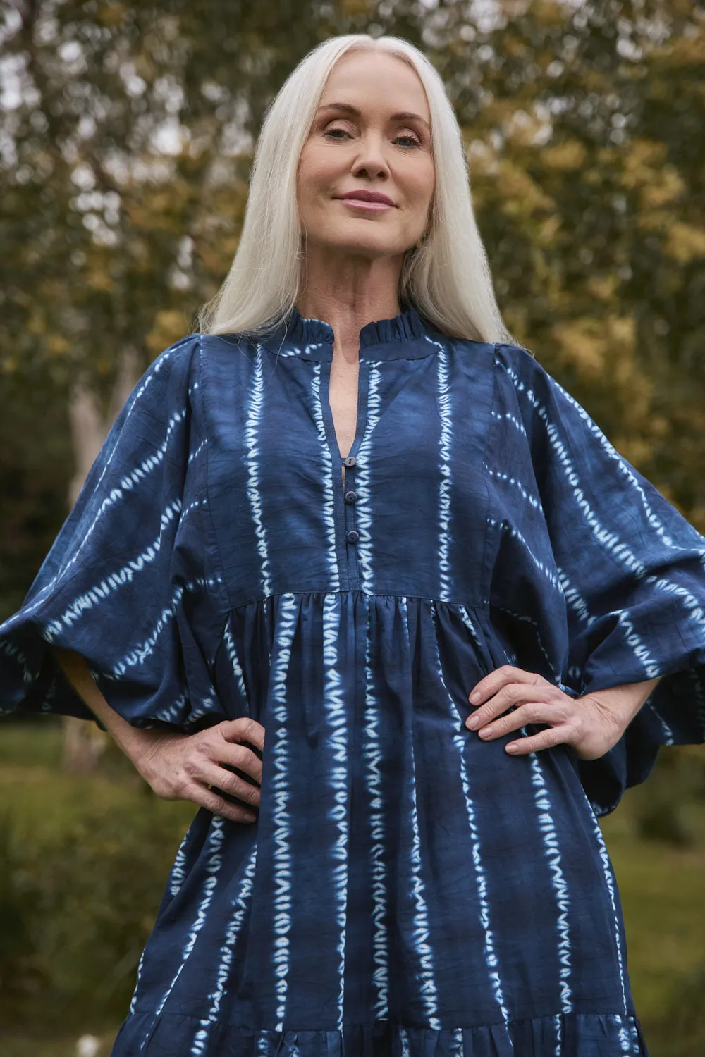 Leaf Dance Voile Glow Mirabelle Frill Dress in Shibori Echo
