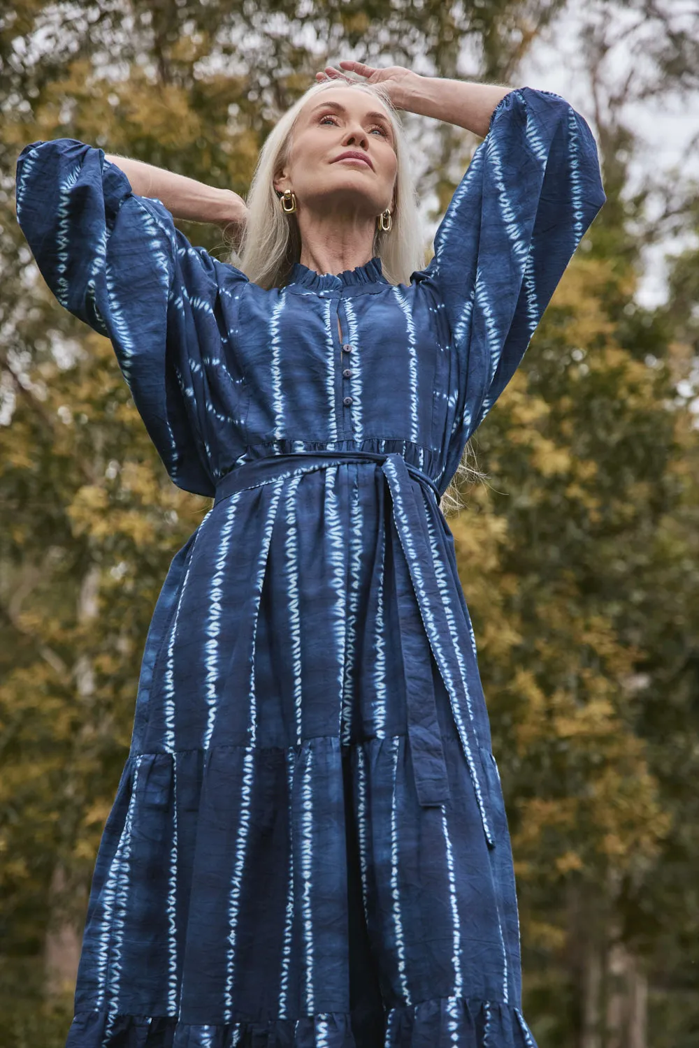 Maxi dress with belt Mirabelle Frill Dress in Shibori Echo