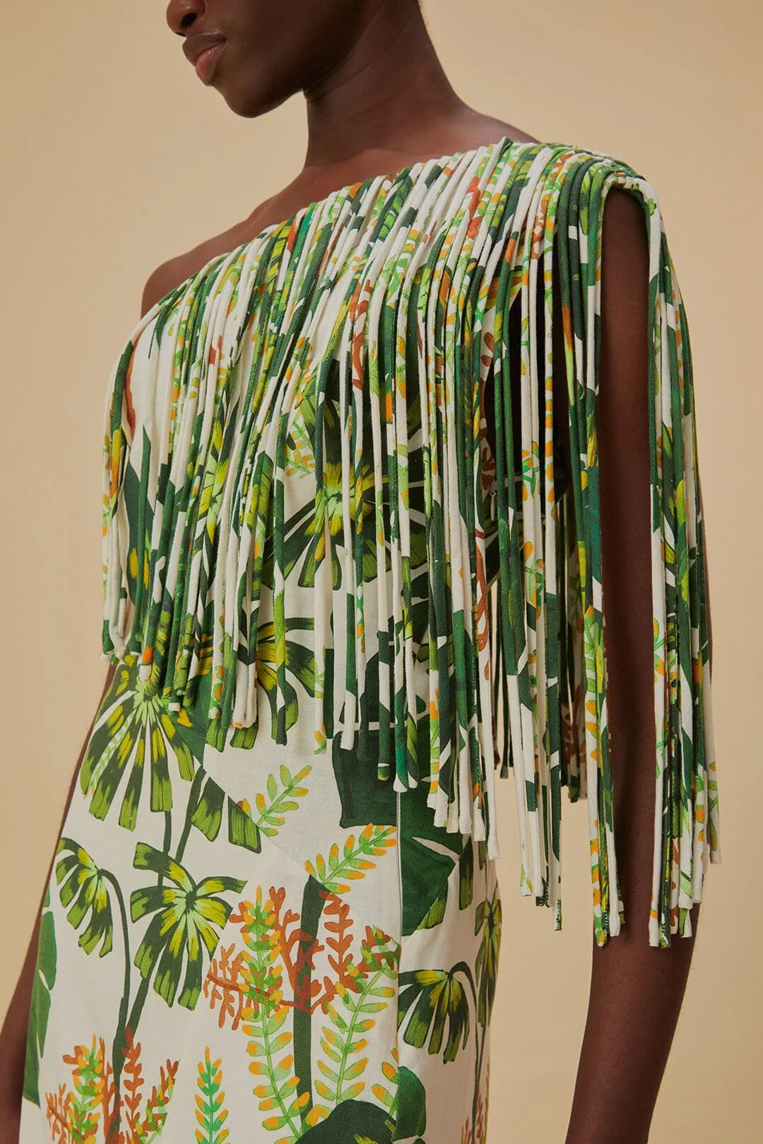 Casual Glam Charity Gala Tropical Forest Off-White Fringed Midi Dress