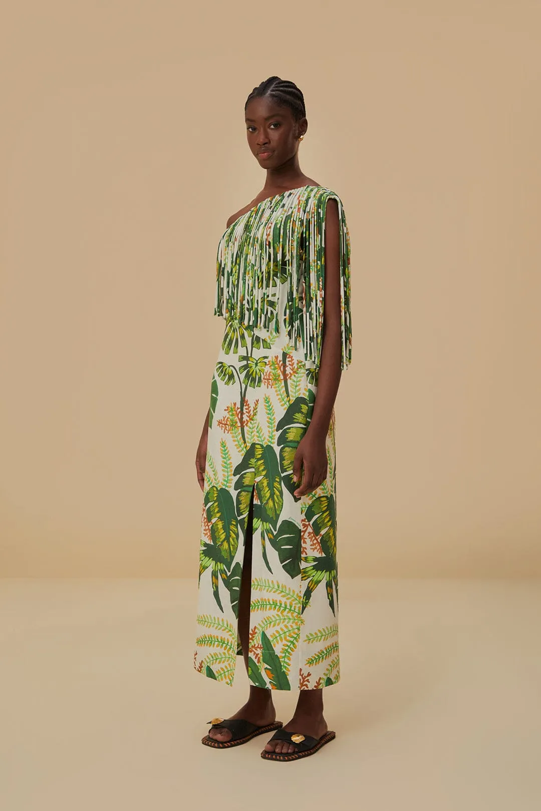 Tropical Forest Off-White Fringed Midi Dress Breathable fabric