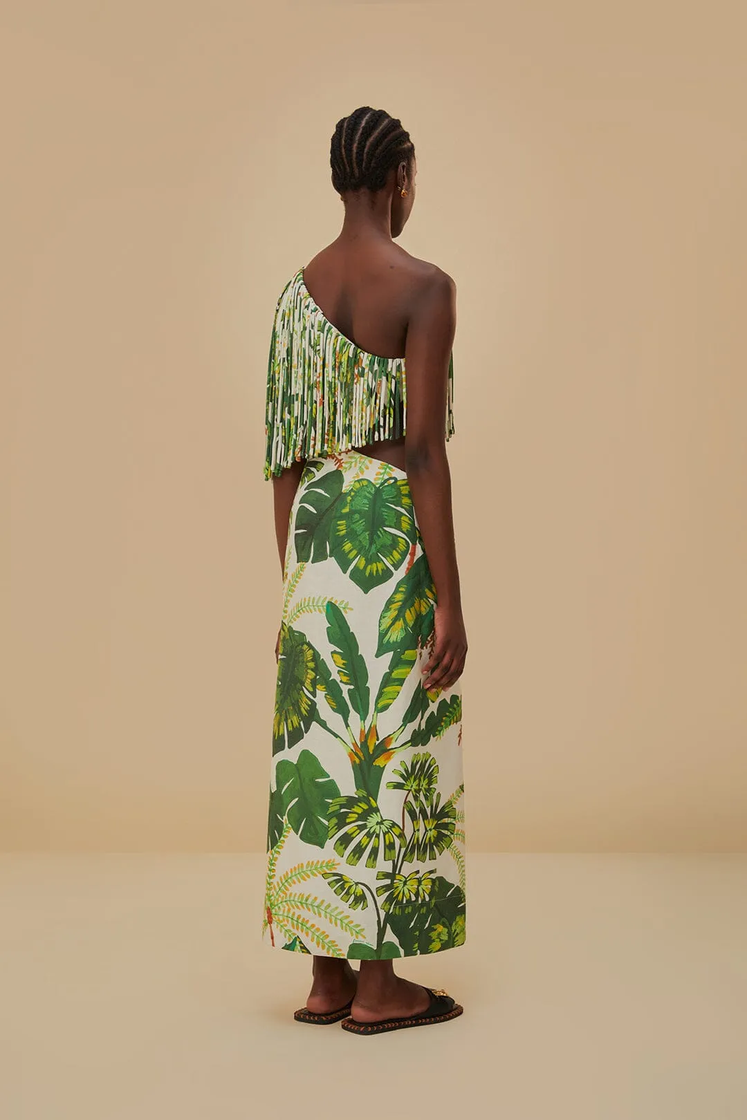 Tropical Forest Off-White Fringed Midi Dress Trendy casual event dress Fall Layers