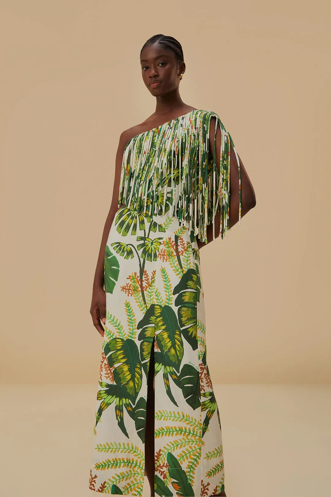 Tropical Forest Off-White Fringed Midi Dress Cool Shade