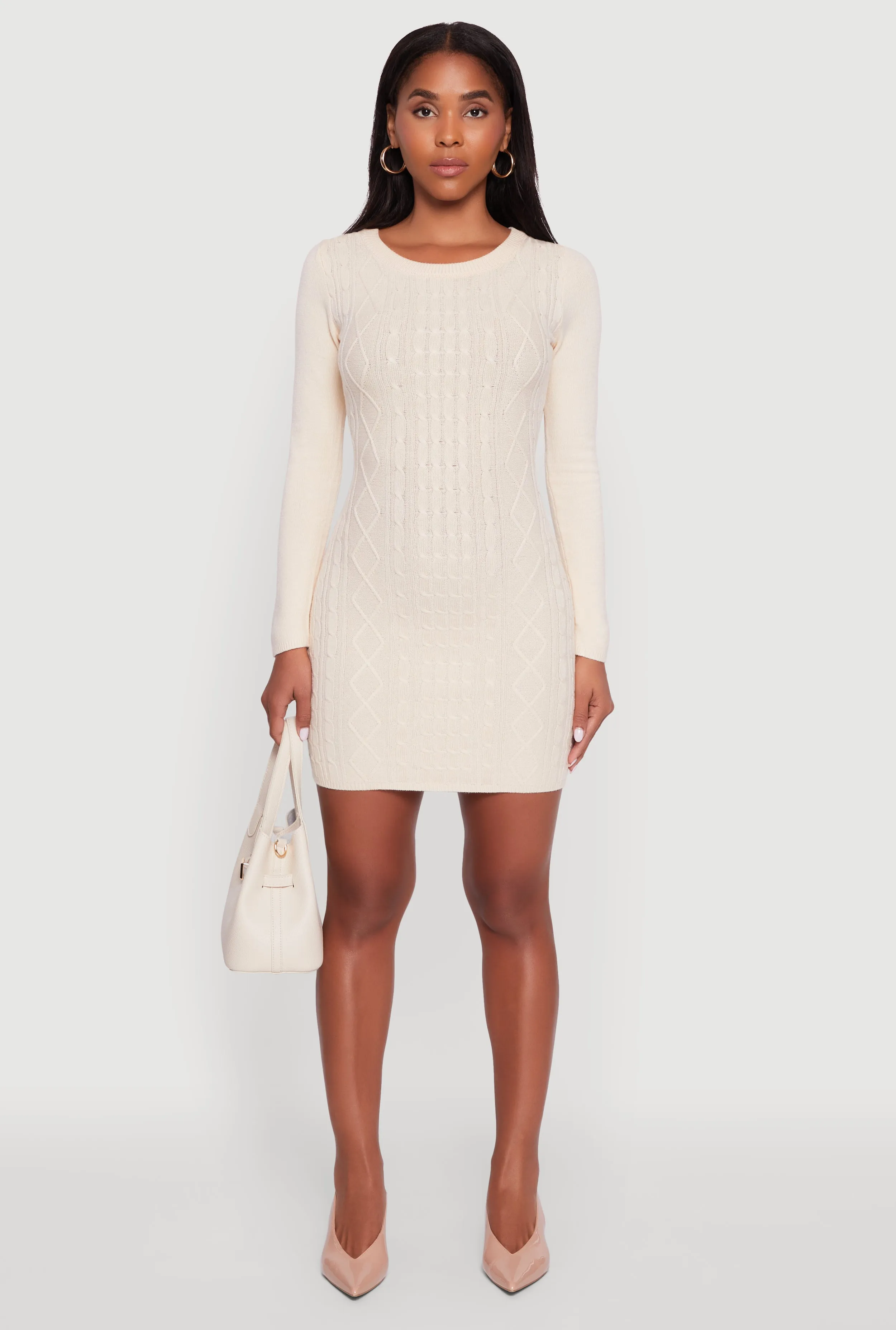 Temperature Regulating Cable Knit Keyhole Back Mini Sweater Dress