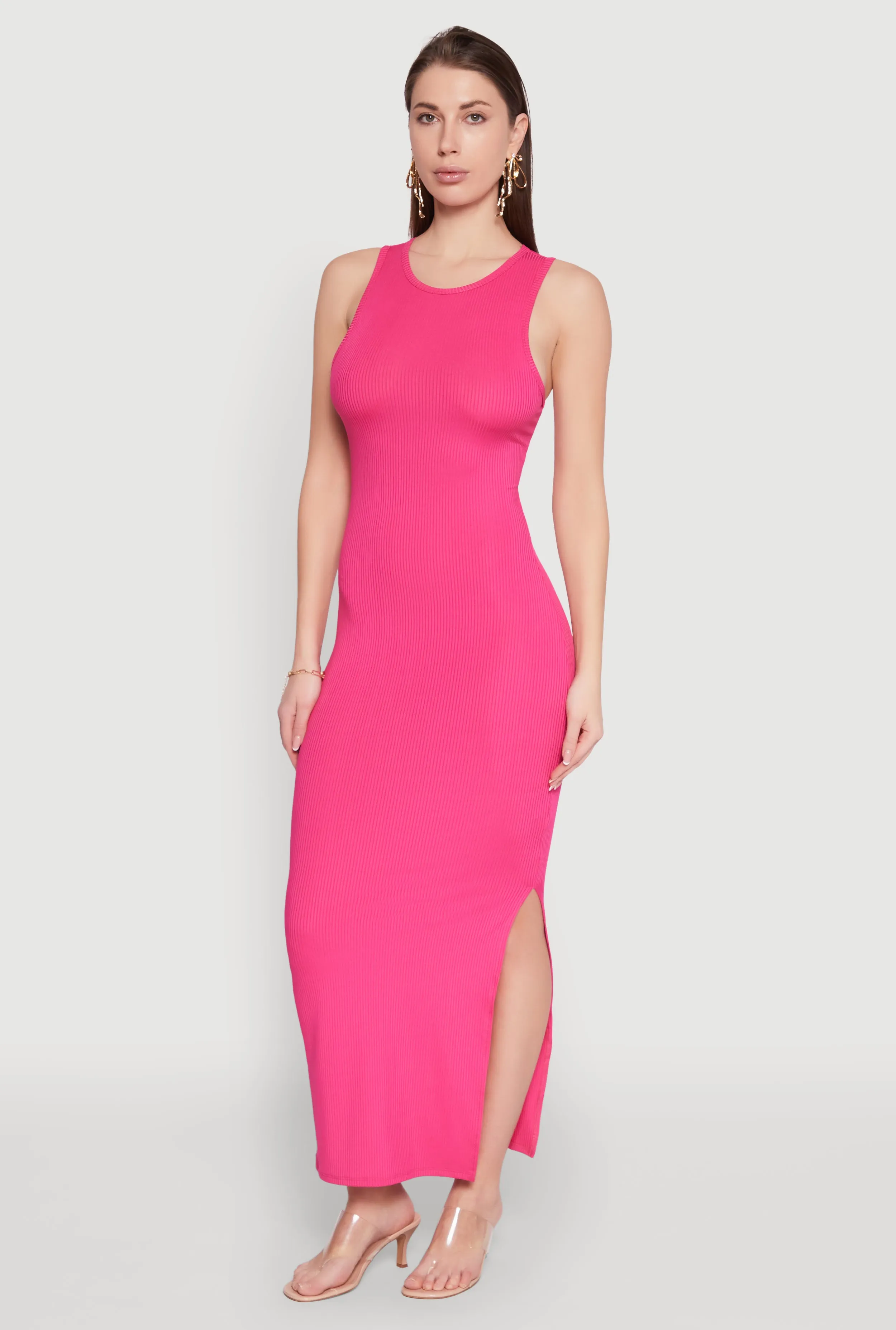 Emerald Shine Relaxed fit summer gown Rib Knit Side Slit Maxi Dress