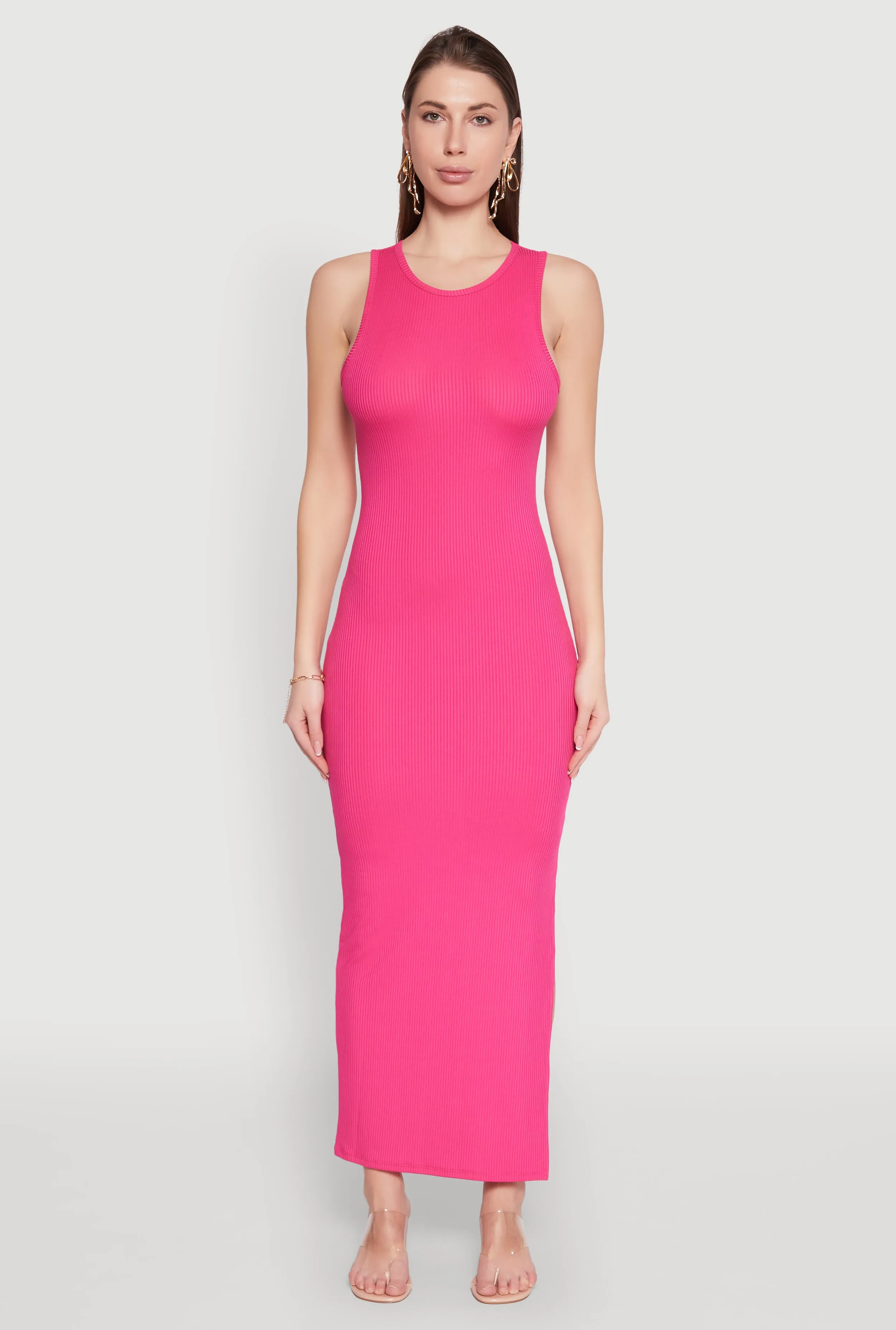 This dress offers a flattering fit that accentuates your shape without feeling tight Light Weight Rib Knit Side Slit Maxi Dress
