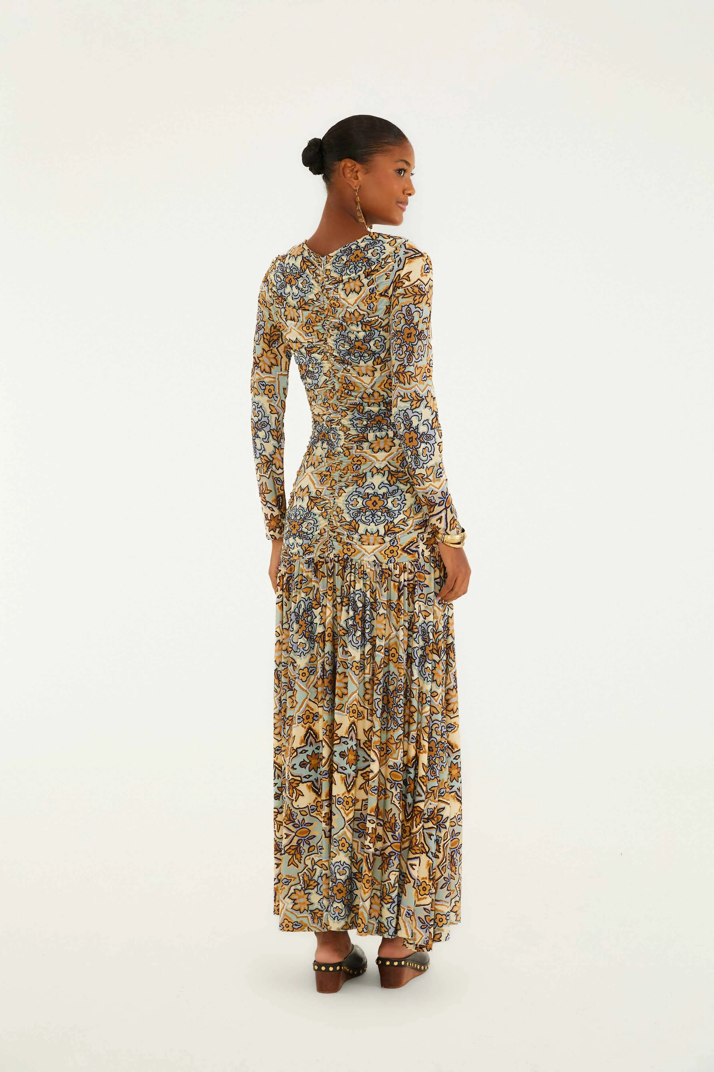 Blue Winter Tapestry Long Sleeve Maxi Dress Sapphire Shine Night Glow