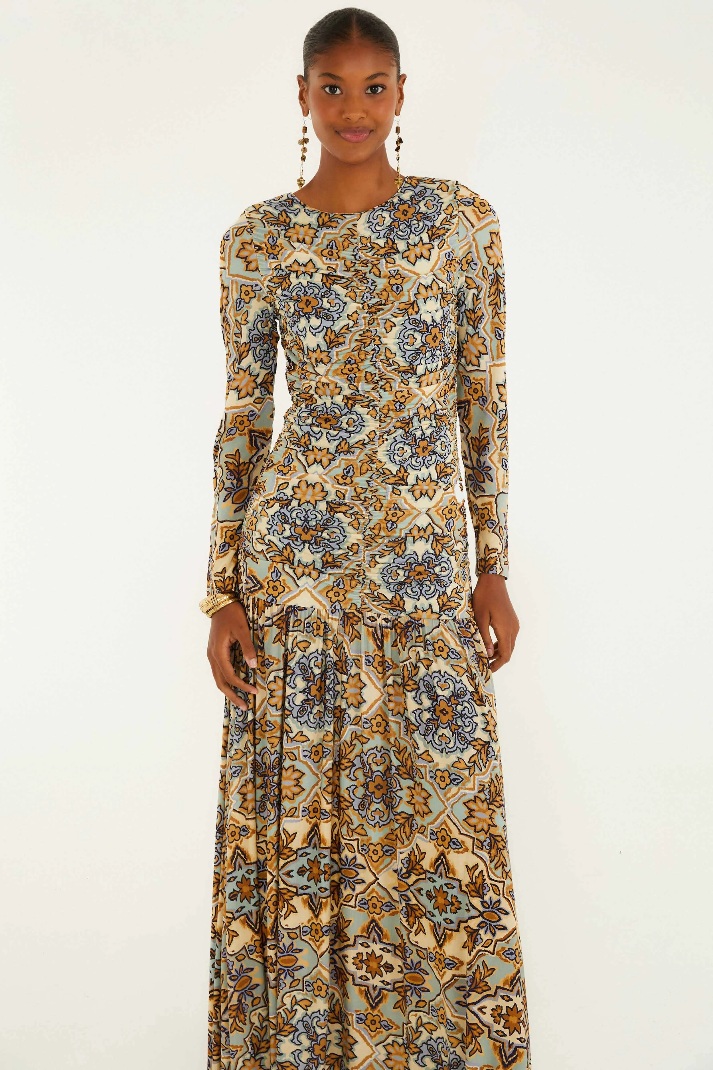 Blue Winter Tapestry Long Sleeve Maxi Dress Bold printed floor dress Steel Glow