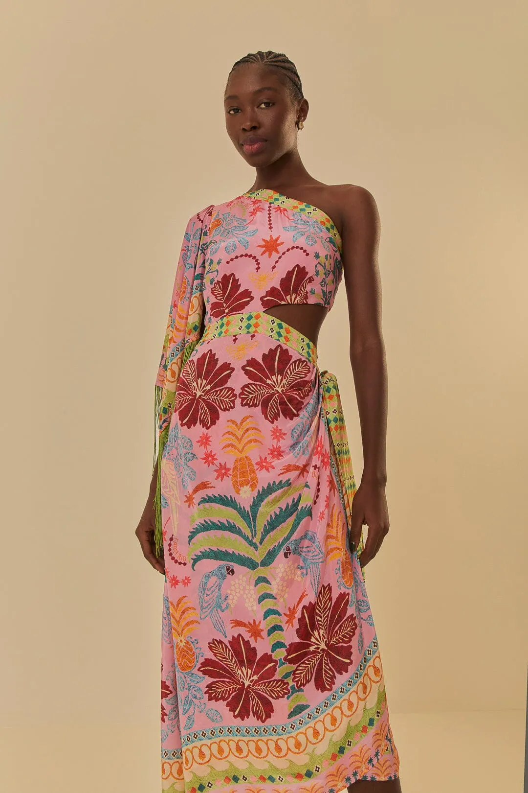 Pink Fruits Queen Scarf One Shoulder Maxi Dress Ethnic Vibe Event Perfect