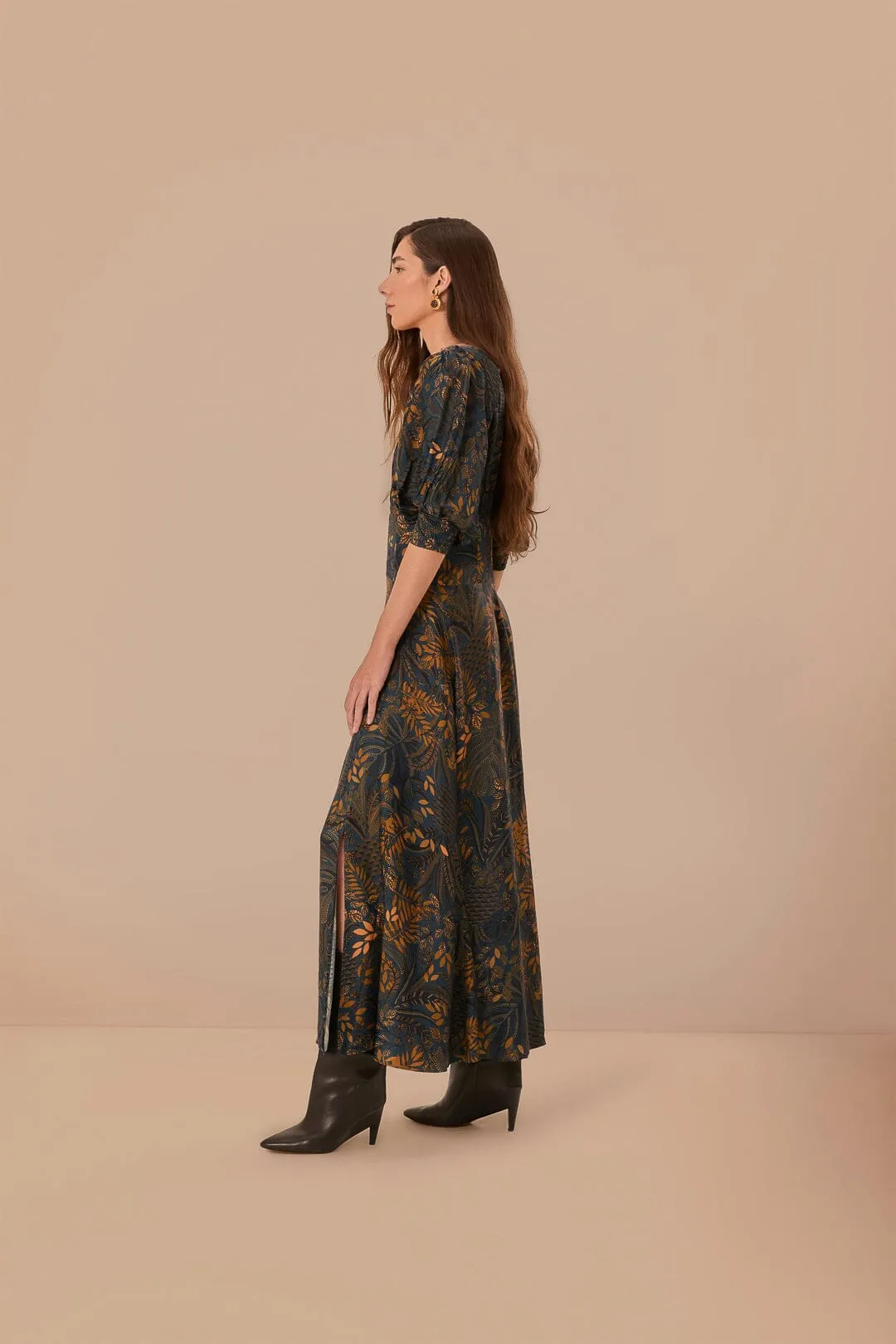 Teal Dotted Forest LENZING? ECOVERO? Viscose Maxi Dress Grain Gold