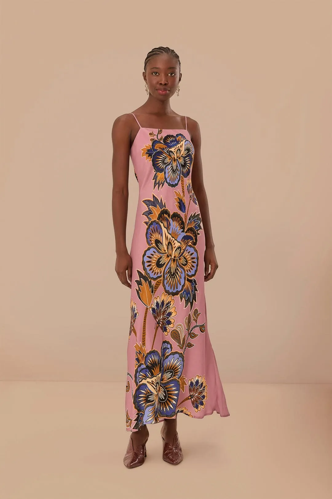 Pleat Art Pink Maxi Floral LENZING? ECOVERO? Viscose Slip Maxi Dress