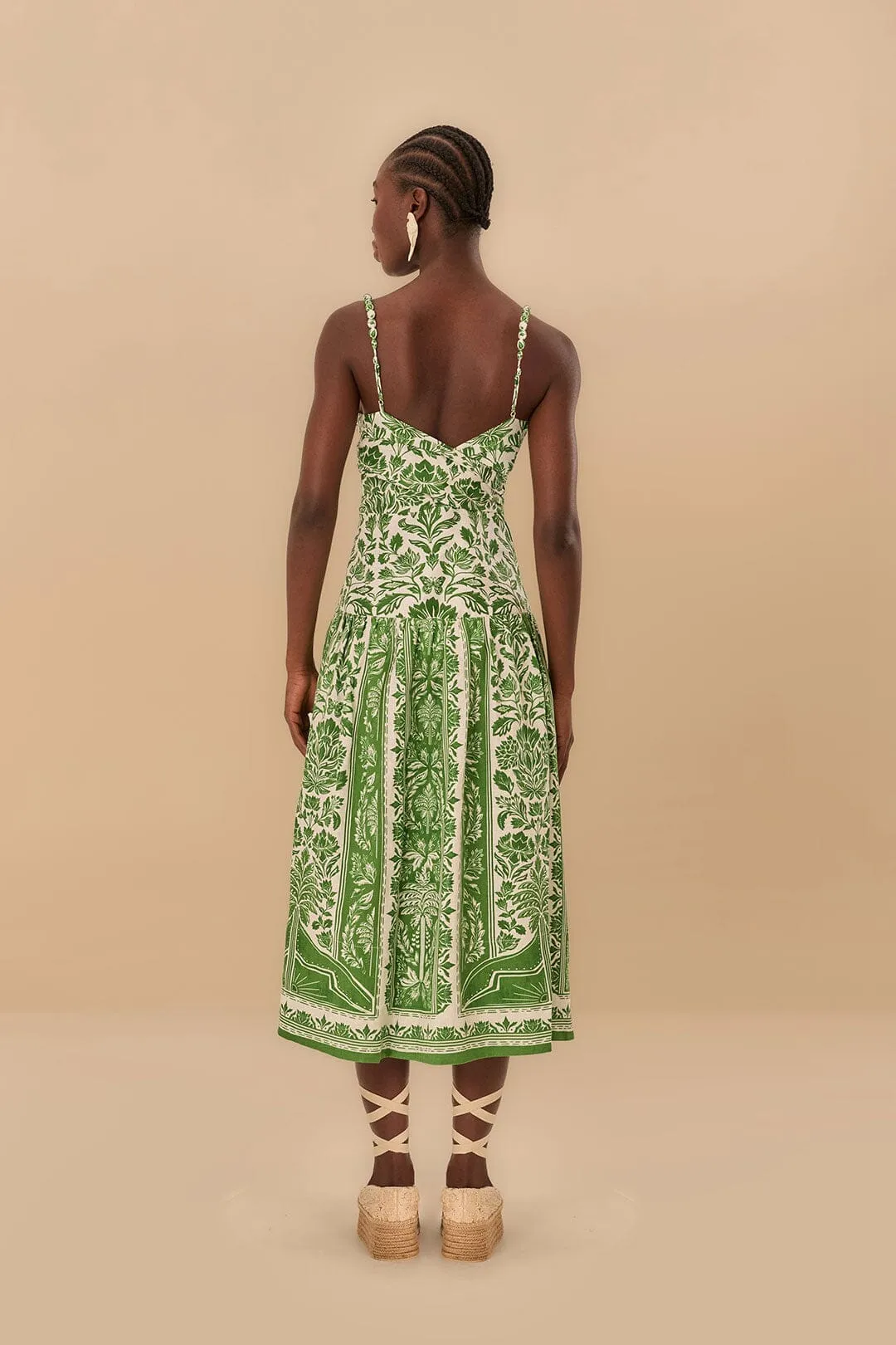 Green Delicate Tapestry Euroflax? Premium Linen Midi Dress Smart and Stylish