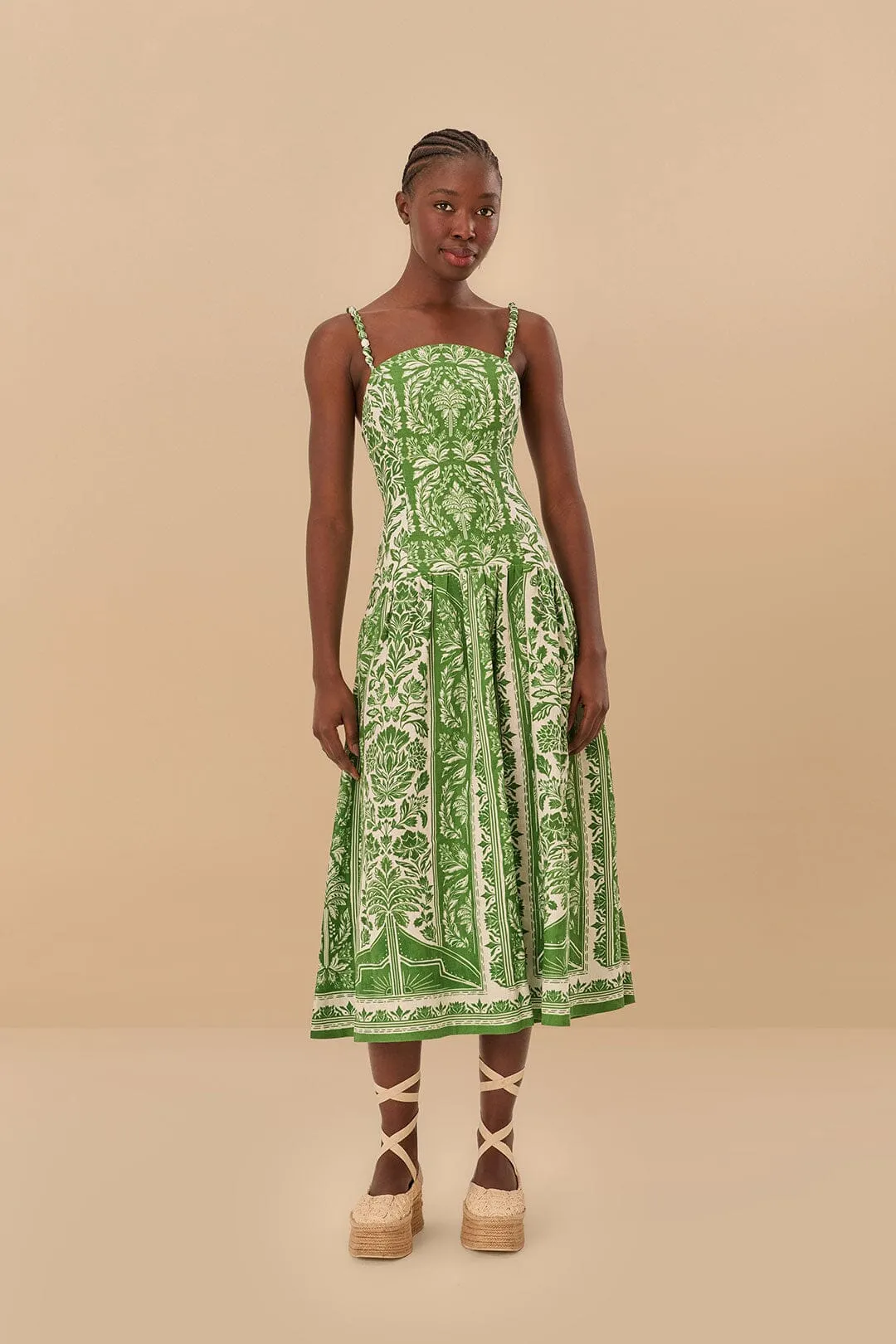 Timeless Design Green Delicate Tapestry Euroflax? Premium Linen Midi Dress