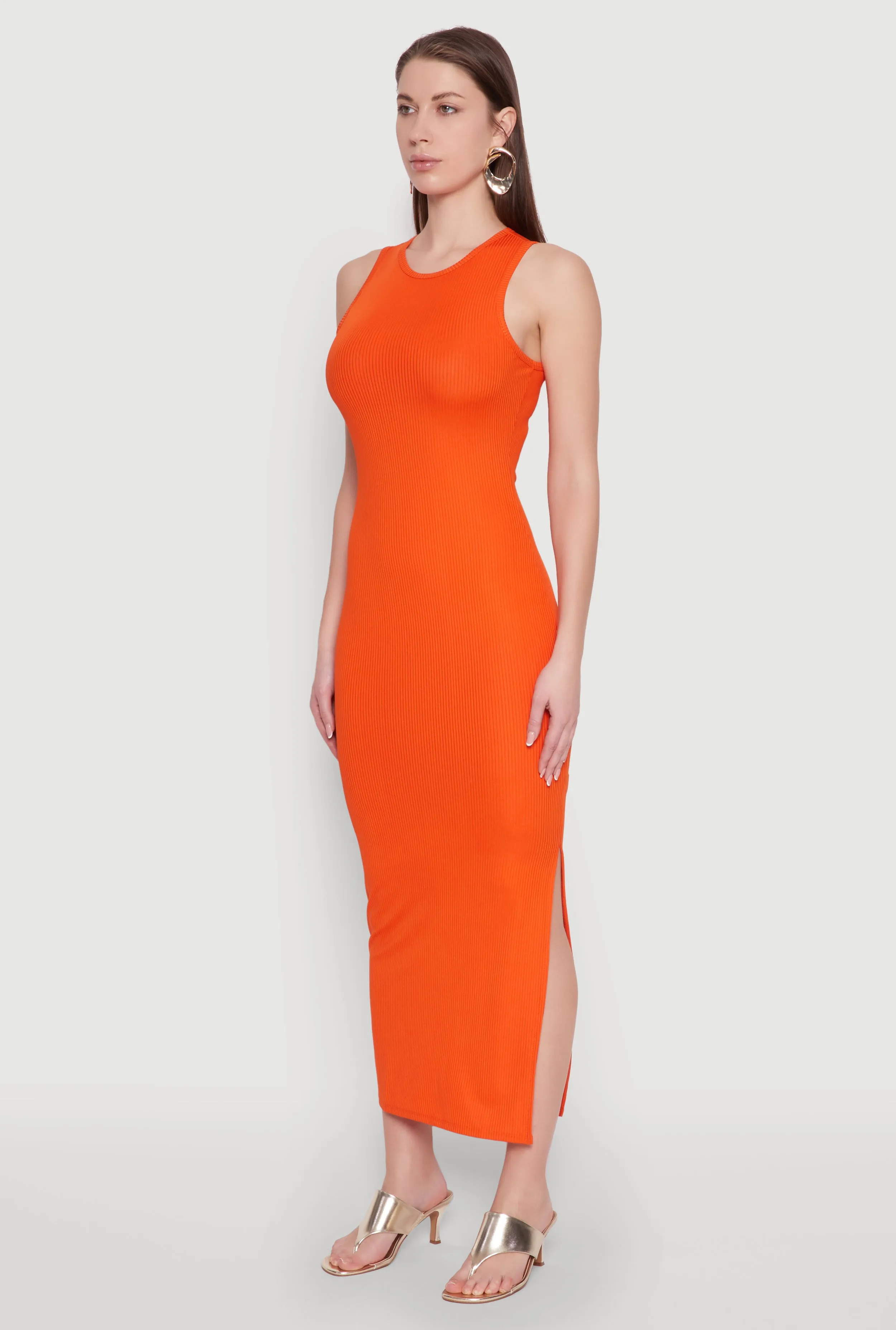 The flowing design of this dress provides plenty of movement while keeping you looking polished Crew Neck Rib Knit Side Slit Maxi Dress