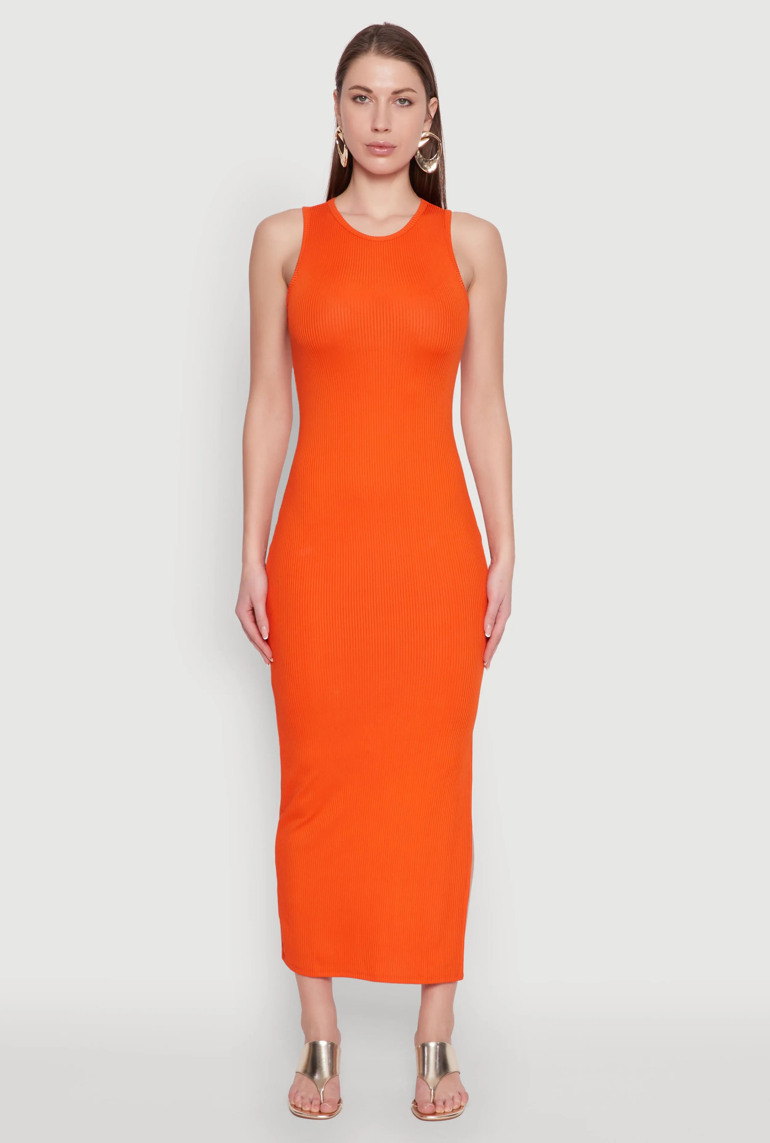 Sun Kiss Crew Neck Rib Knit Side Slit Maxi Dress