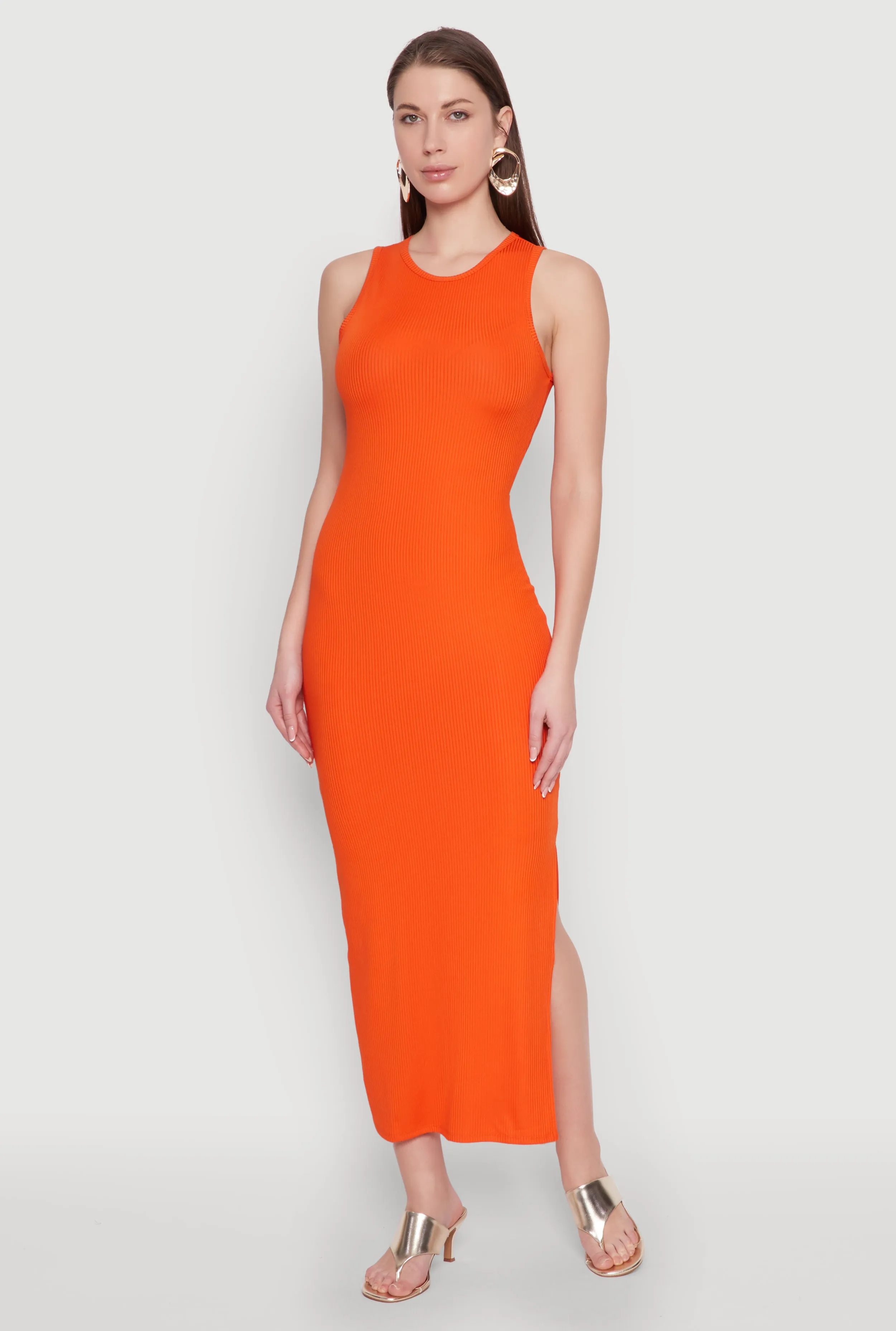 Crew Neck Rib Knit Side Slit Maxi Dress Sunset Glow