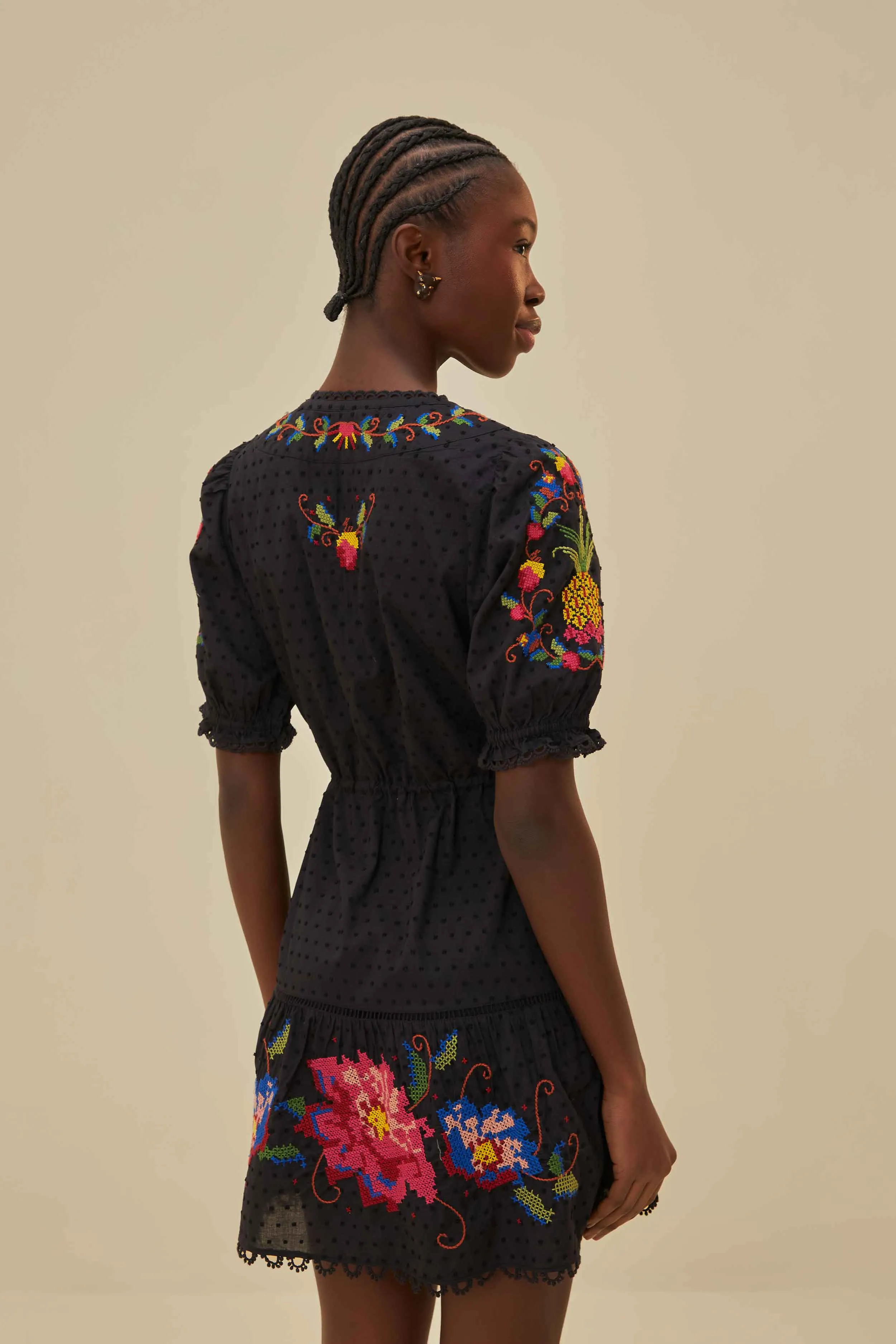 Black Embroidered Mini Dress Oversized Pocket Club look