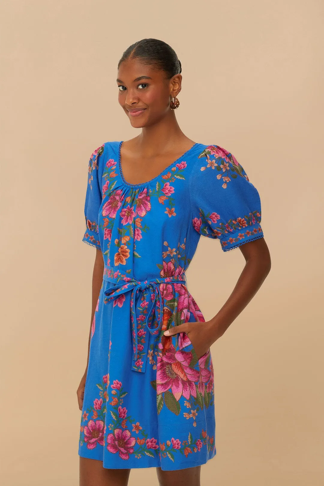 Blue Summer Fruit Scarf Euroflax? Premium Linen Mini Dress Double Layered Hem Non toxic