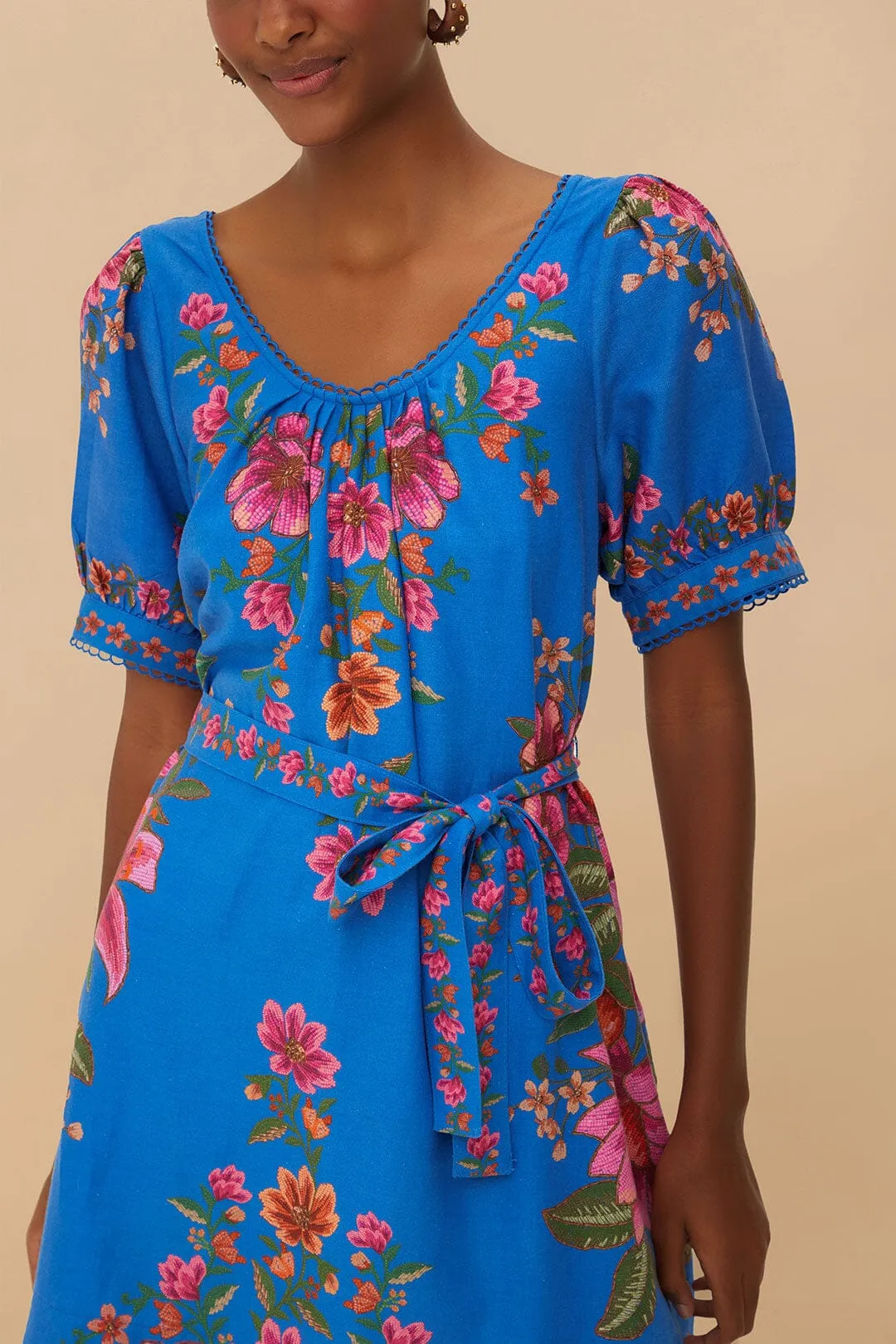 Bright sun dress Floral Fit Blue Summer Fruit Scarf Euroflax? Premium Linen Mini Dress