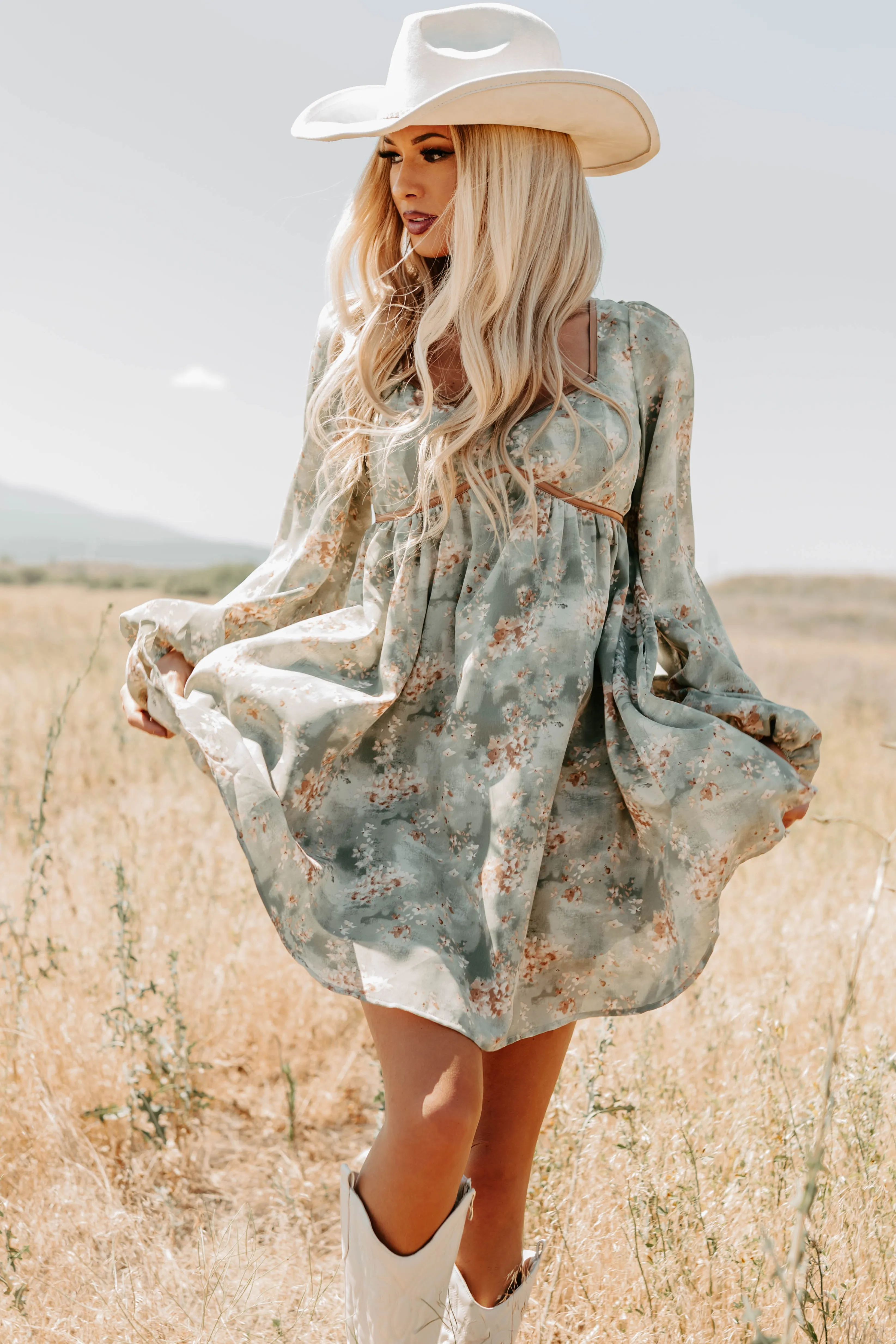 Low Bulk Poised Purpose Floral Long Sleeve Mini Dress (Olive)