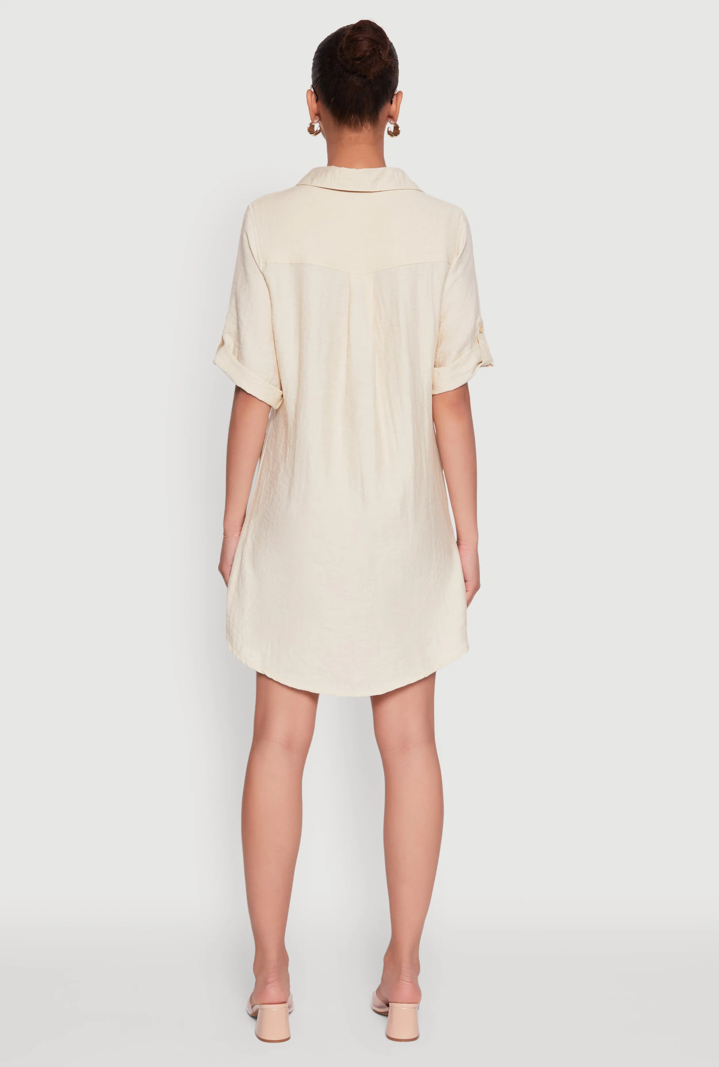 Trendy Linen Shirt Dress with Short Sleeves and Collared Neck Night Sparkle