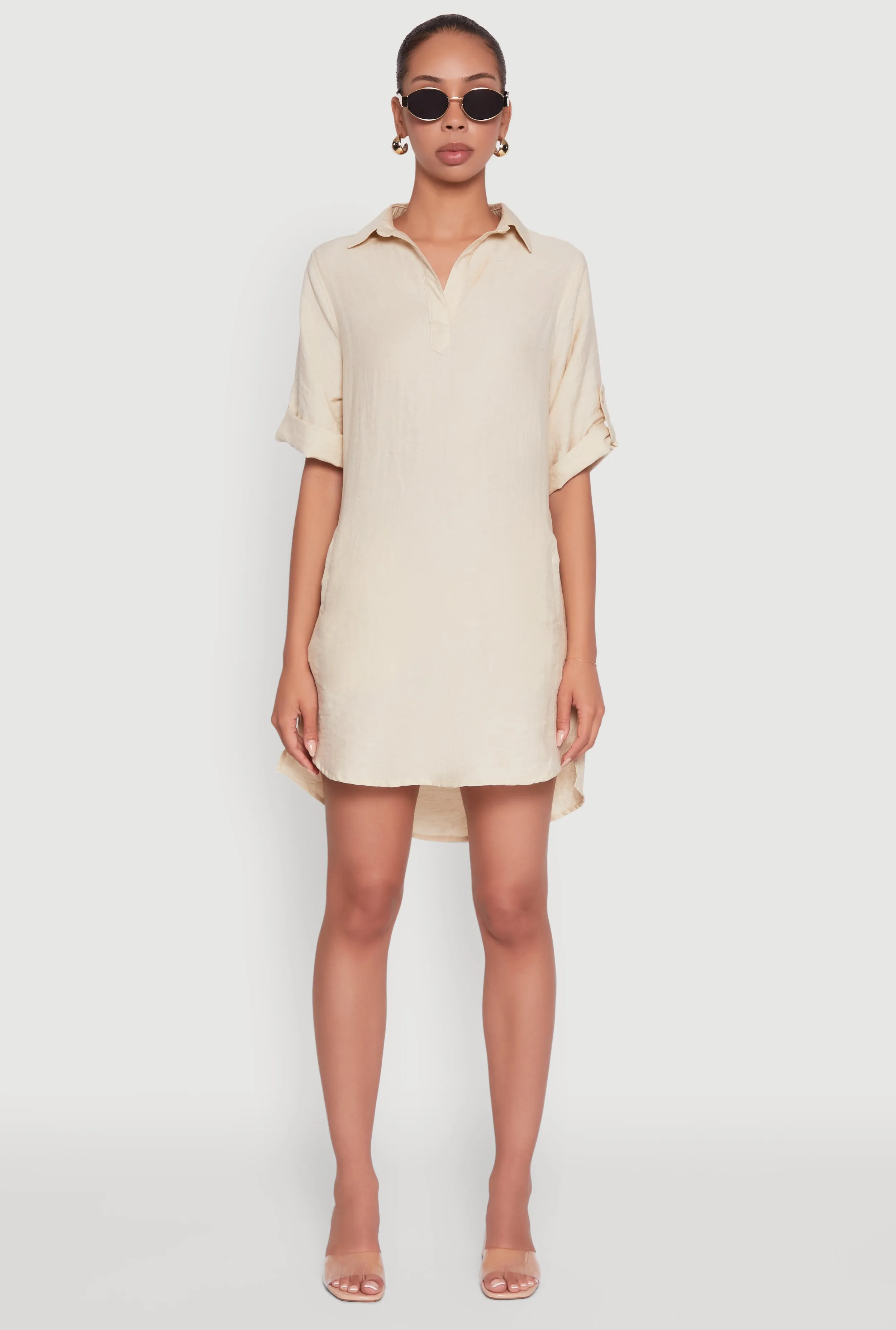 Weighted Hem Technology Low Bulk Trendy Linen Shirt Dress with Short Sleeves and Collared Neck