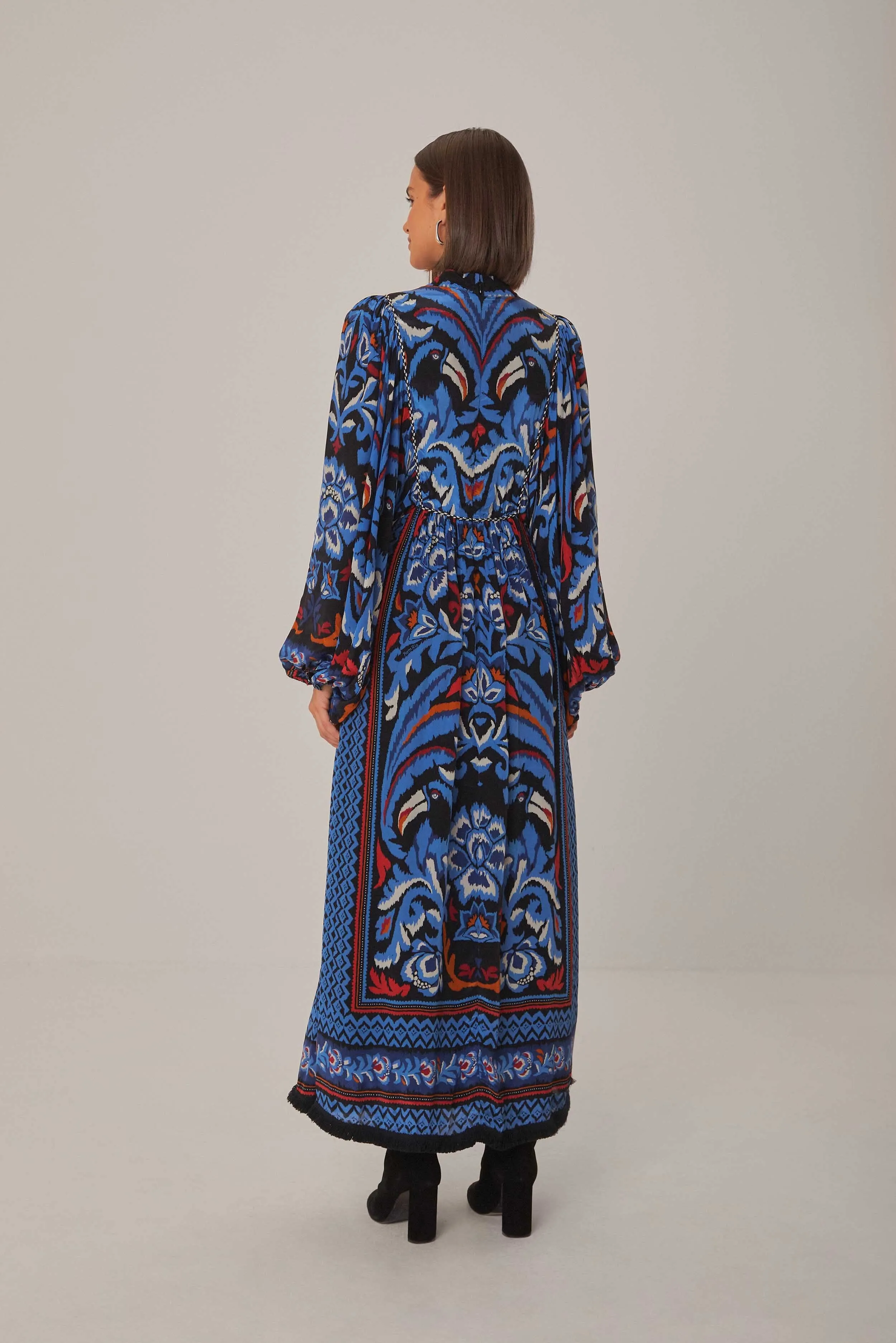 Black Toucans Scarf Long Sleeve Maxi Dress Velvet Glow Iron Glow