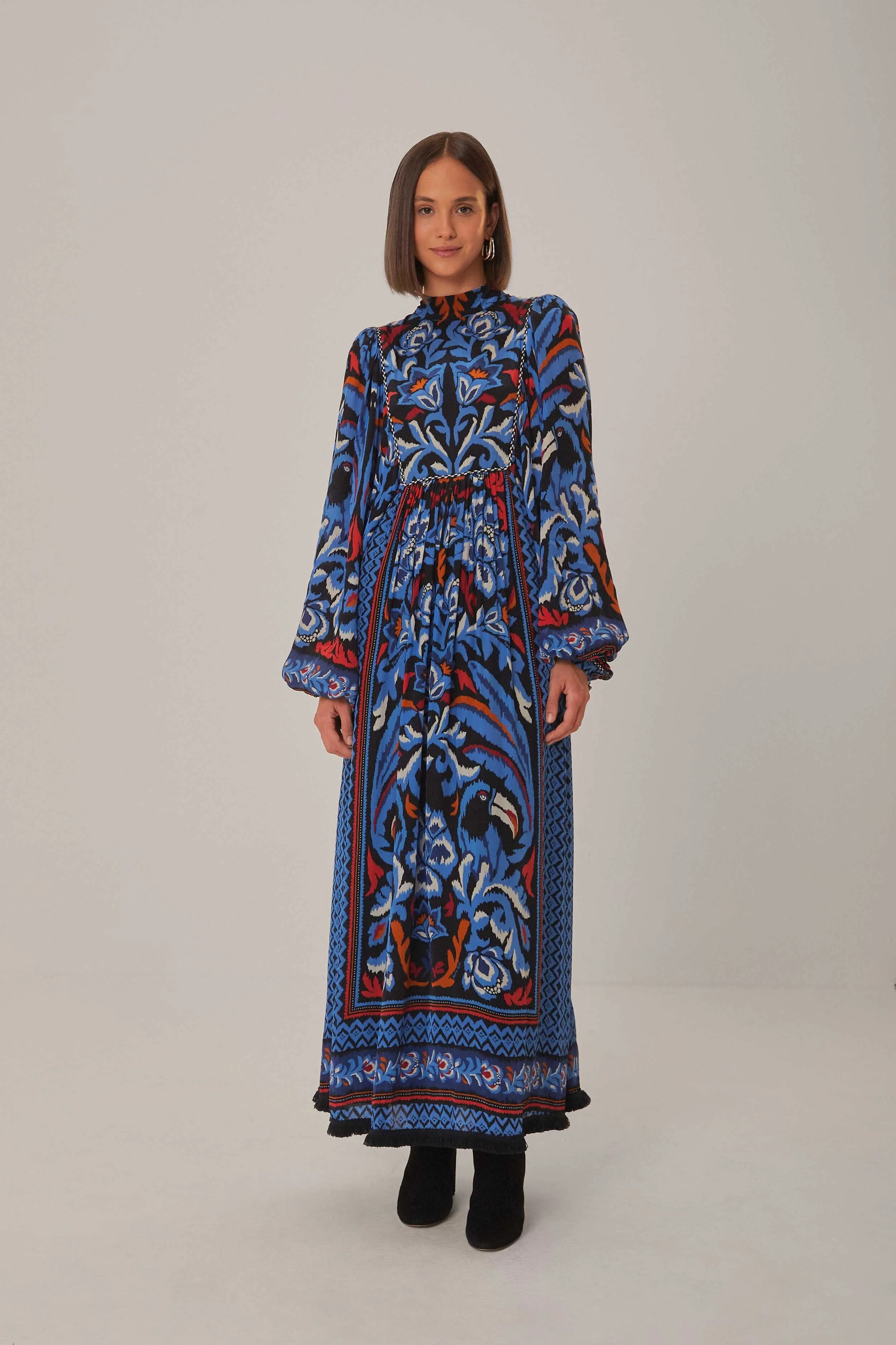 Black Toucans Scarf Long Sleeve Maxi Dress Golden Wave