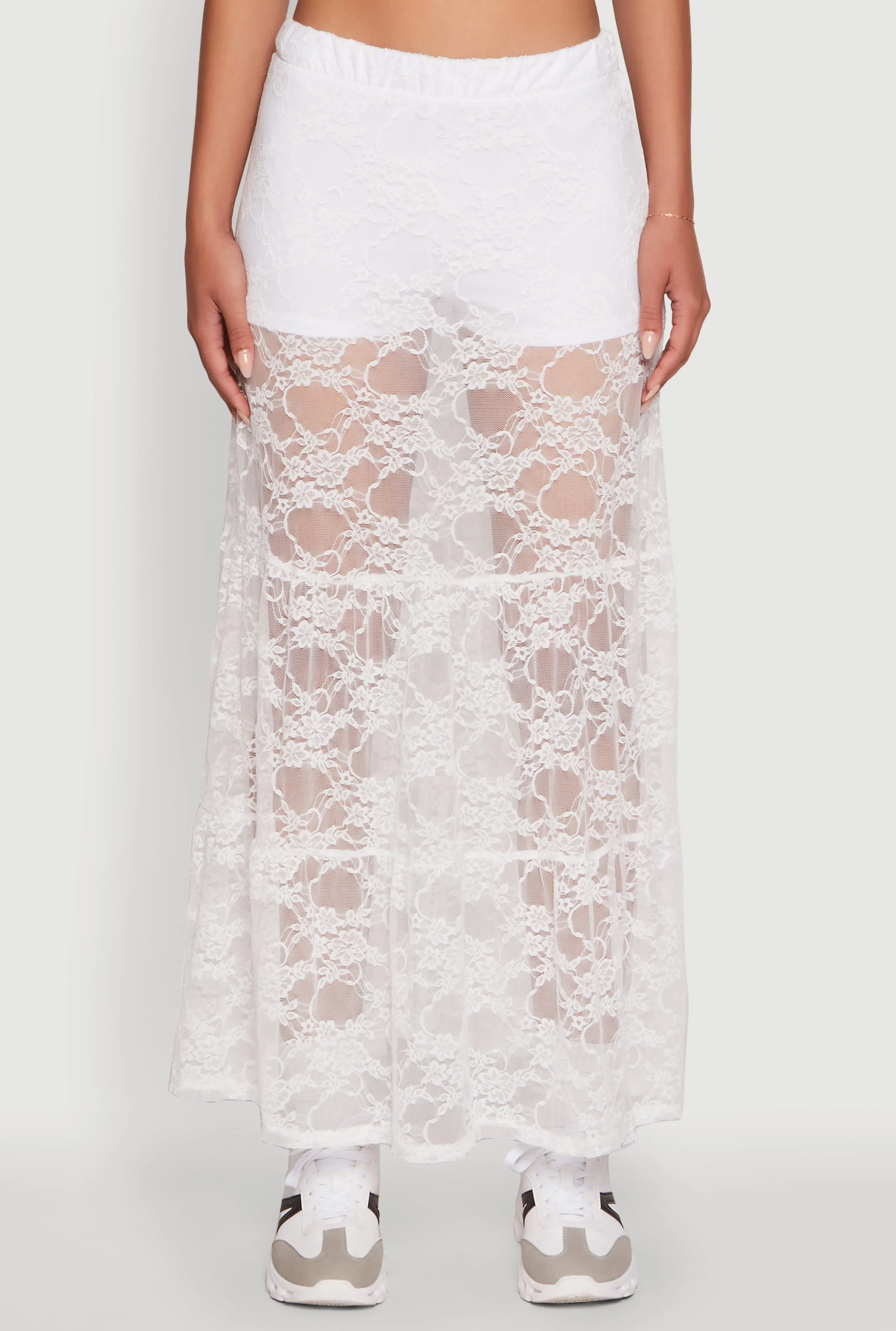 Chic High Waisted Maxi Tiered Lace Skirt Outfit Shot