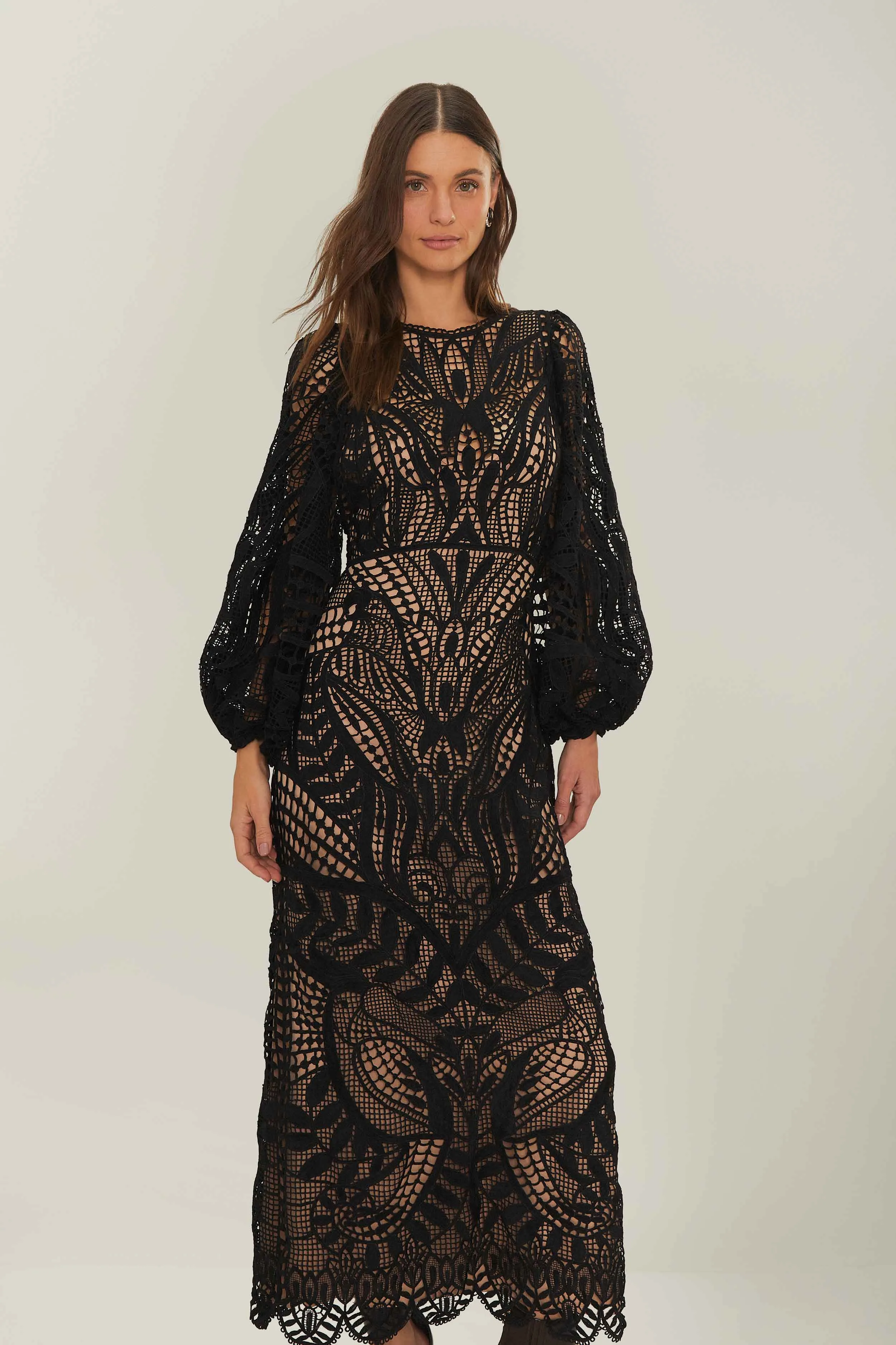 Beautiful floral midi Black Nature Guipure Midi Dress