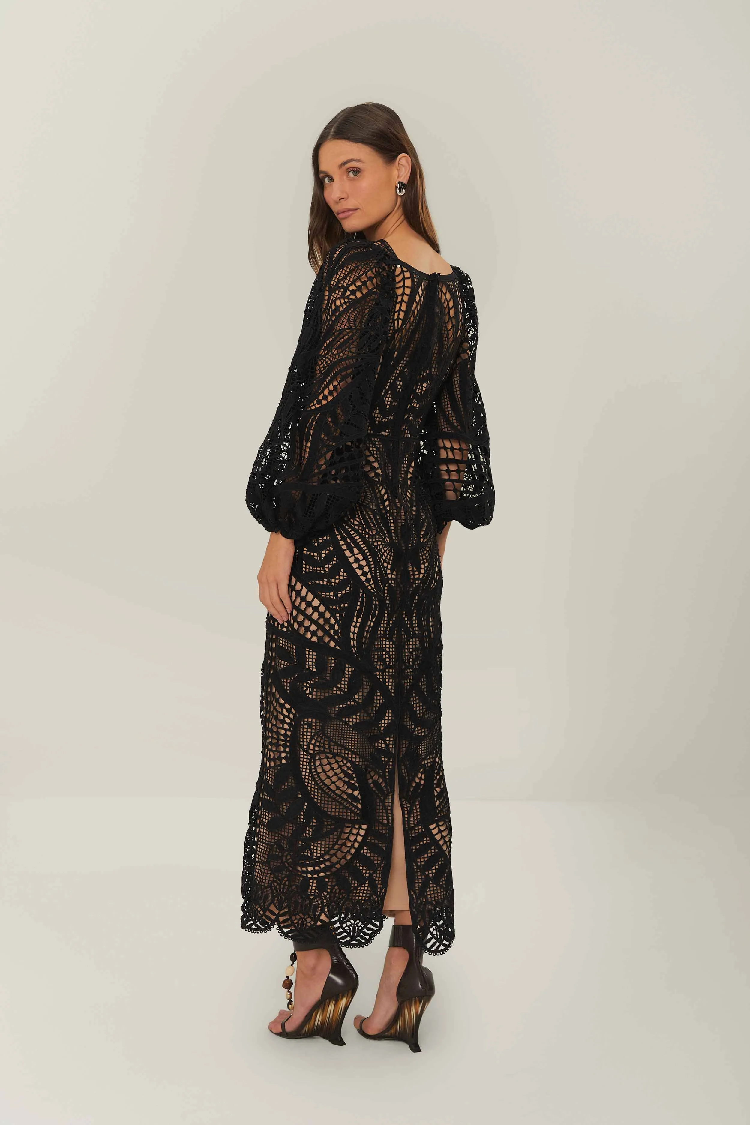 Black Nature Guipure Midi Dress Birthday Dinner Wave Sound