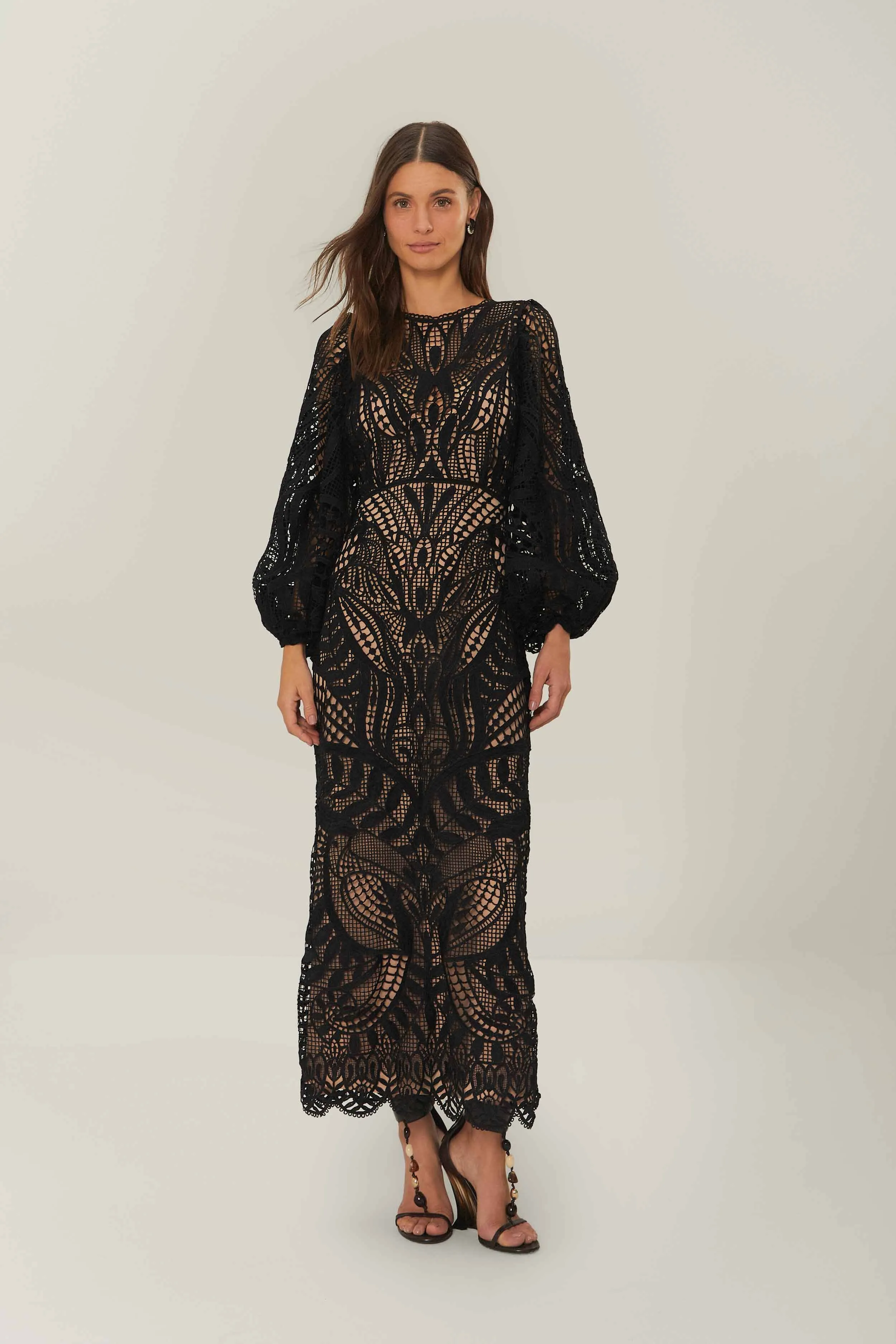 Black Nature Guipure Midi Dress Seasonal Comfort Light Comfort