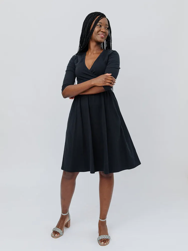 Callie 3/4 Sleeve Wrap Dress - Black hypoallergenic material Hope Fit